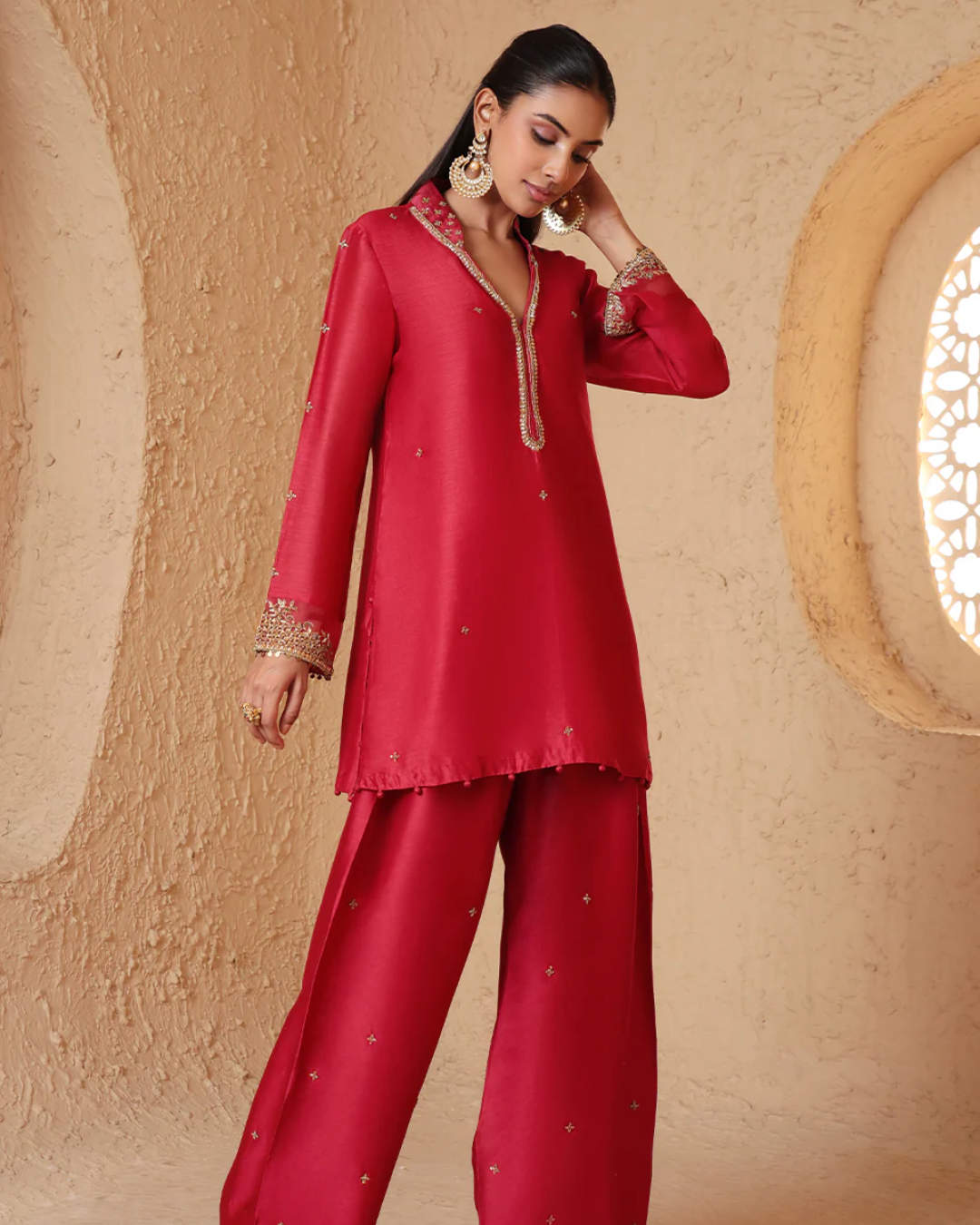 Niti Bothra - Mehrang Red Short Buti Kurta Set