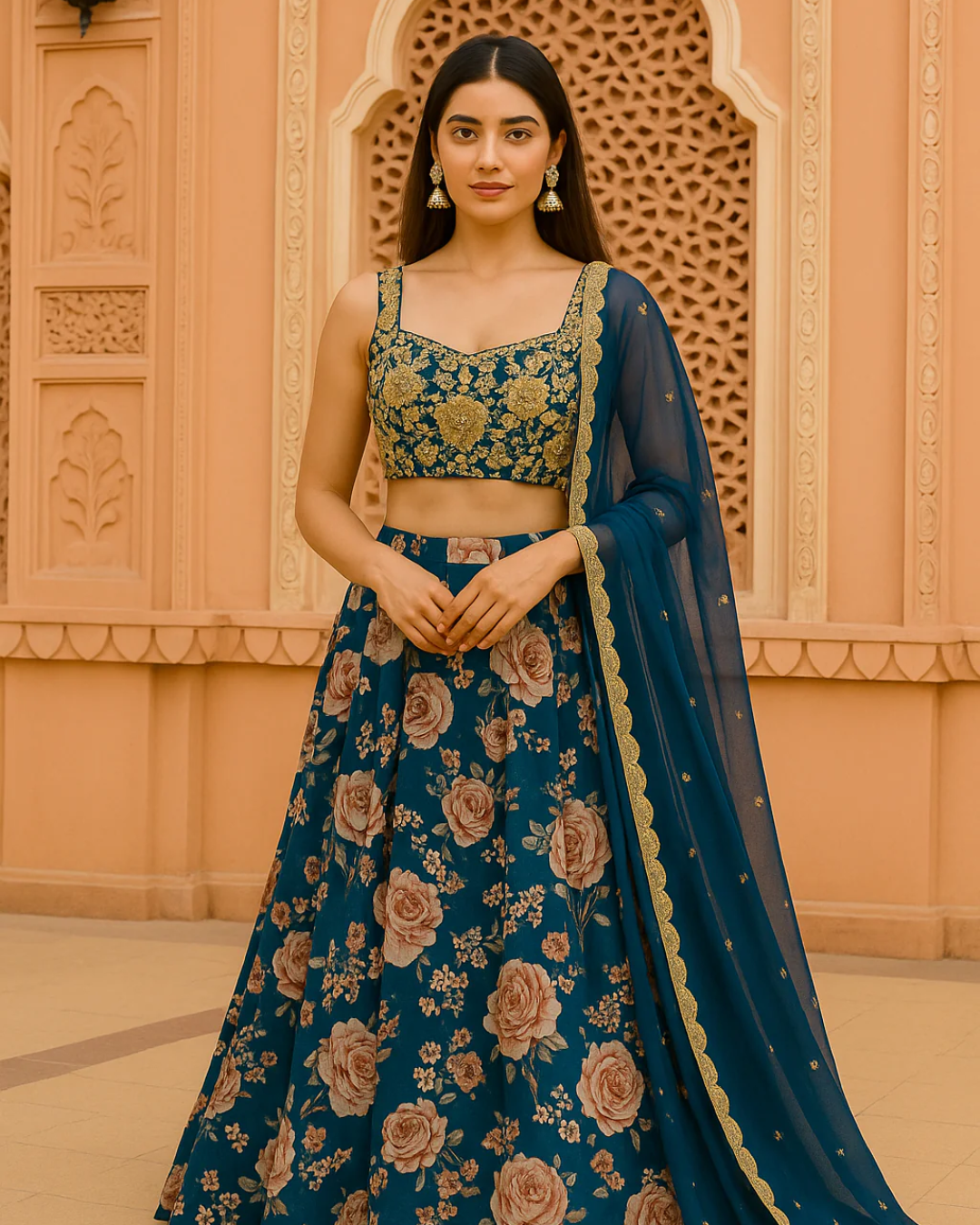 Anisha Shetty - Bahama Blue Floral Georgette Lehenga With Full Embroidered Gold Blouse Set