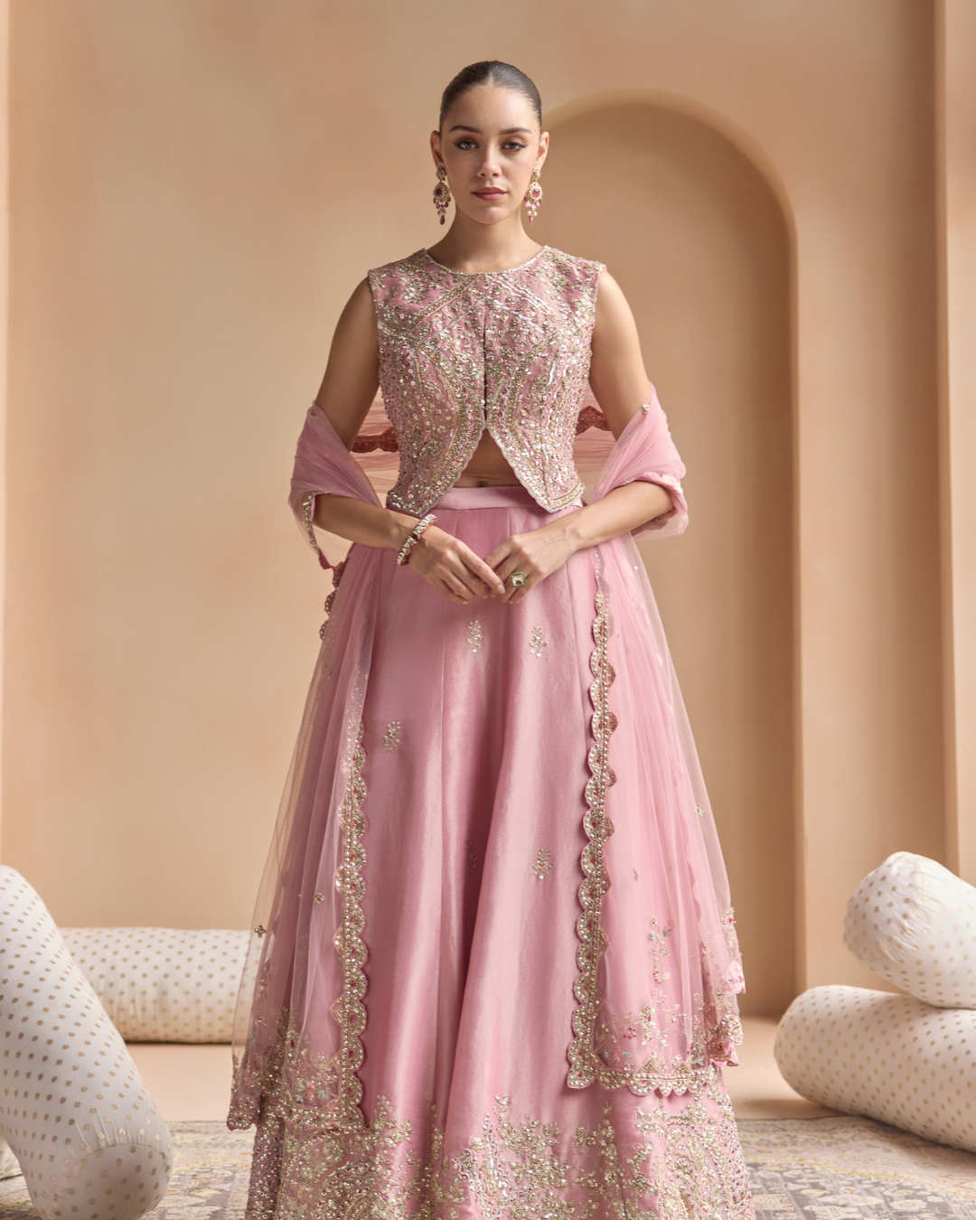 Osaa By Adarsh - Soft Berry Embroidered Tissue Lehenga Set From Off The Record