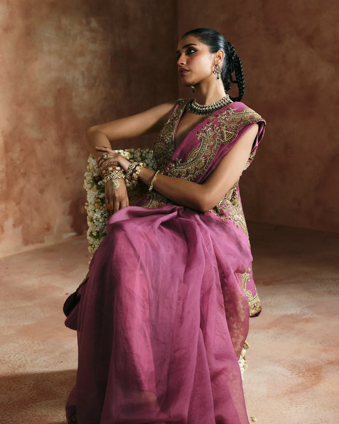 Aman Takyar - Peach & Gold Saree Set From Today's Sindh