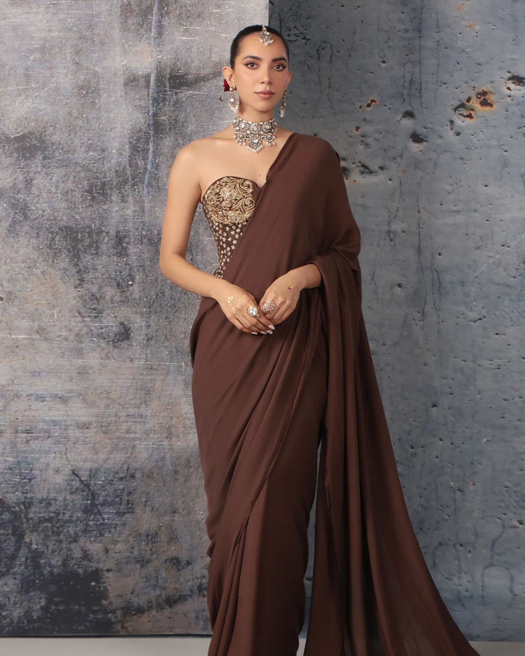 Niti Bothra - Zar-Rang Brown Corset Saree Set