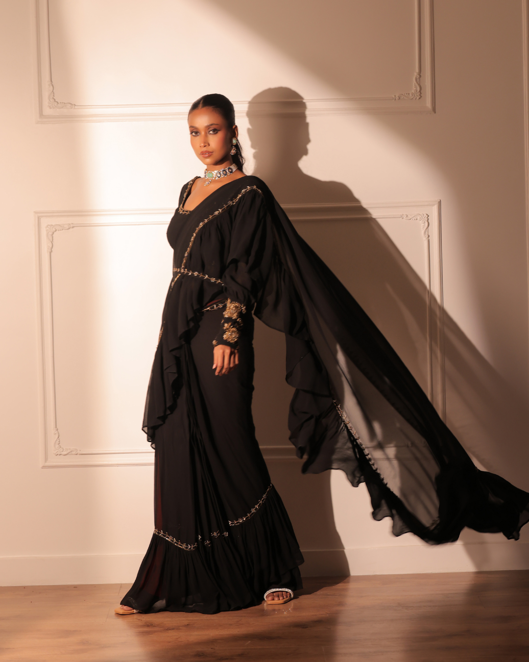 Sonali Bansal - Black ruffle drape saree and blouse with belt From Banno Ki Saheli