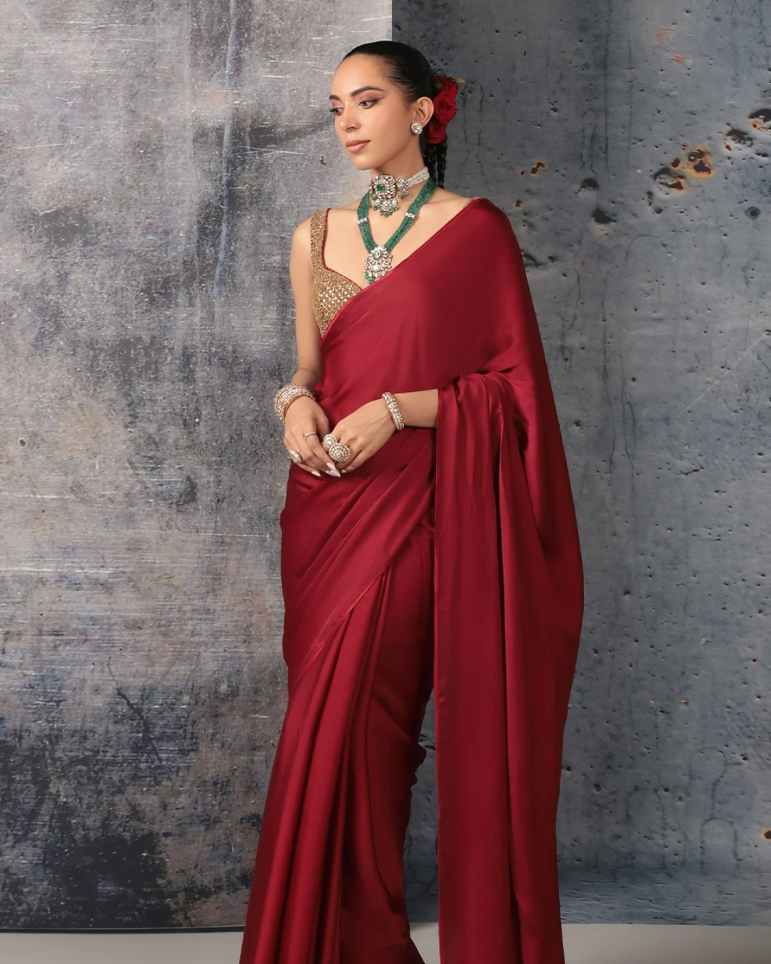 Niti Bothra - Zar-Rang Maroon Fringe Saree Set