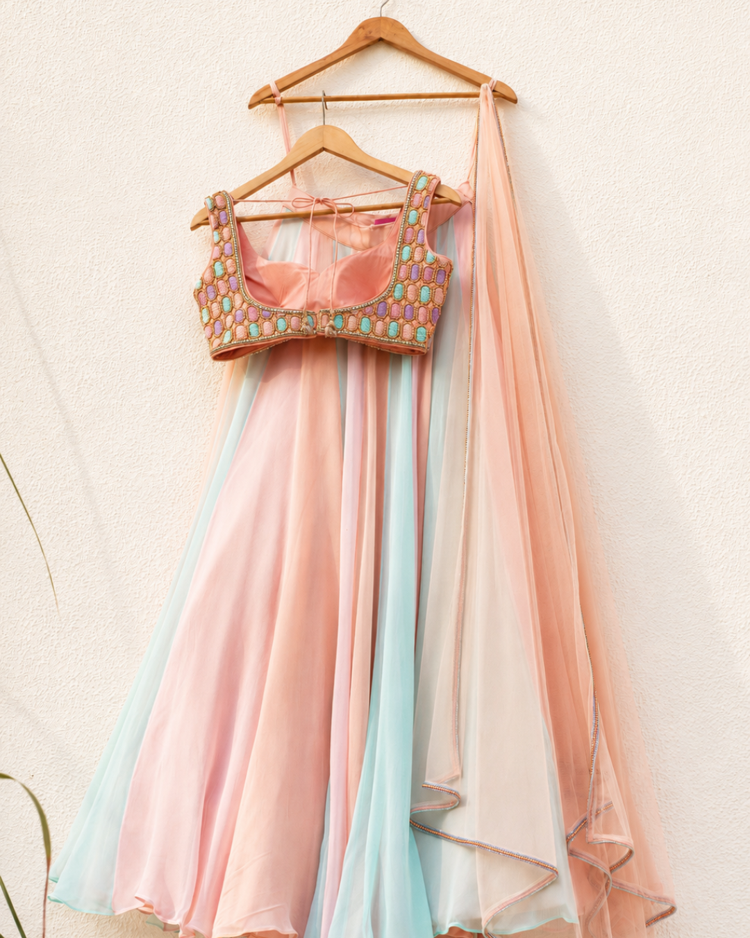 Anisha Shetty - Peach Oval Multicolour Cutdana Blouse With Multicolour Lehenga Set