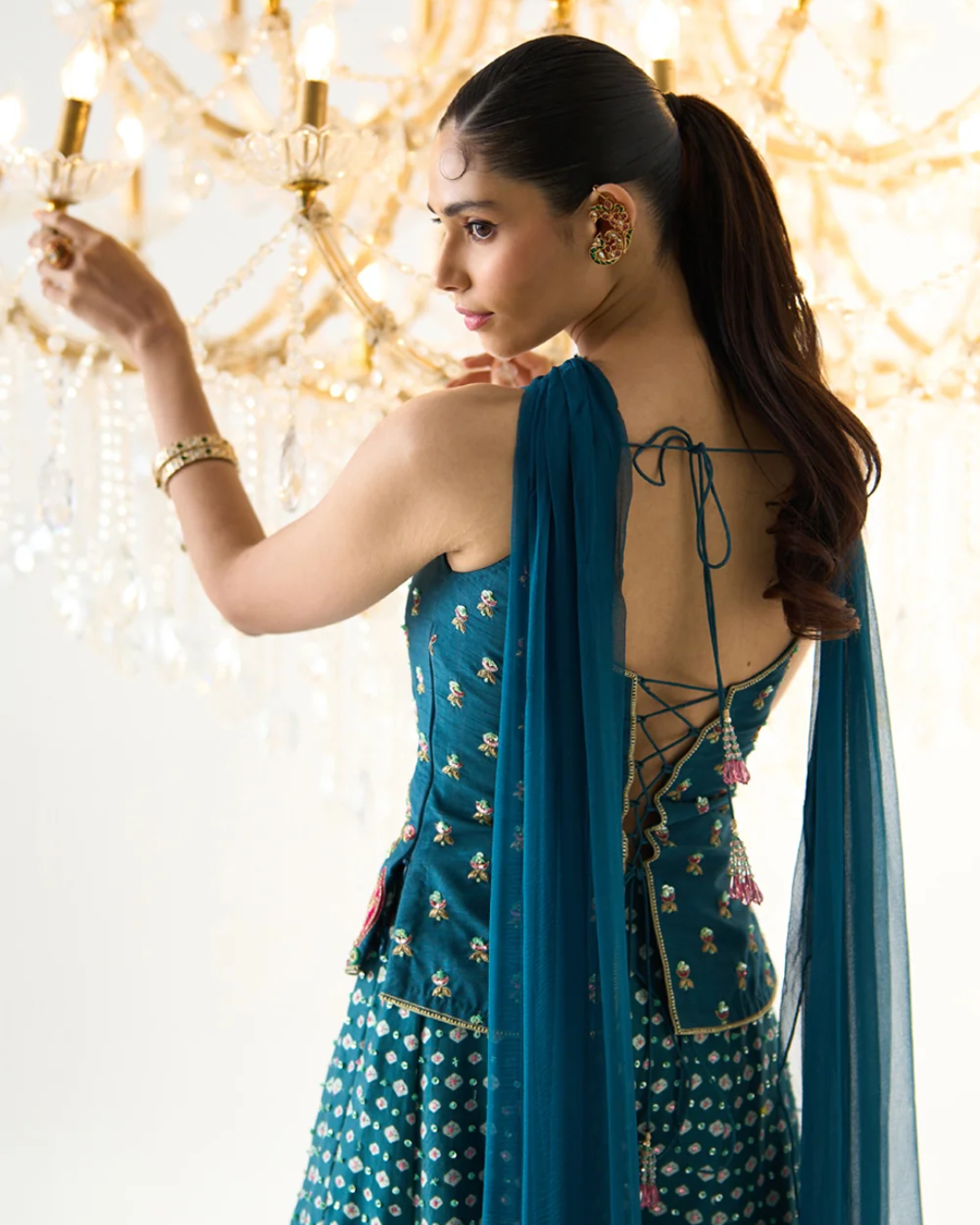 Prevasu - Teal Printed Divided Skirt Set From Gulabo