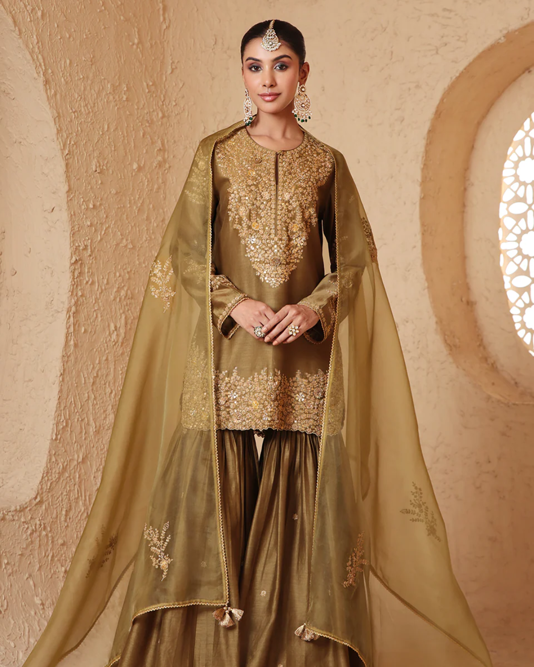 Niti Bothra - Mehrang Olive Green Heavy Sharara Set