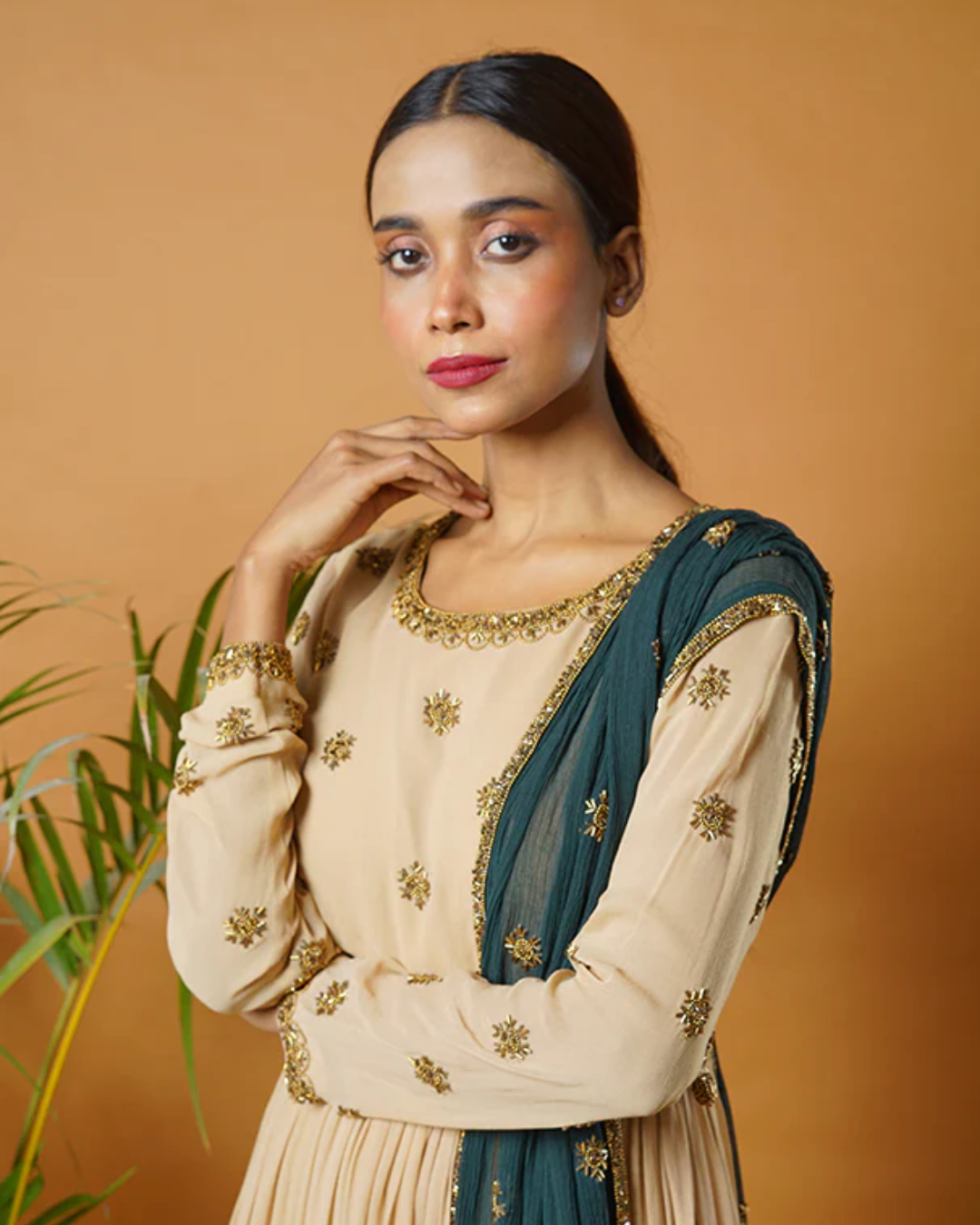 Sonali Bansal - Beige anarkali suit and waistbelt with green dupatta From Fiza