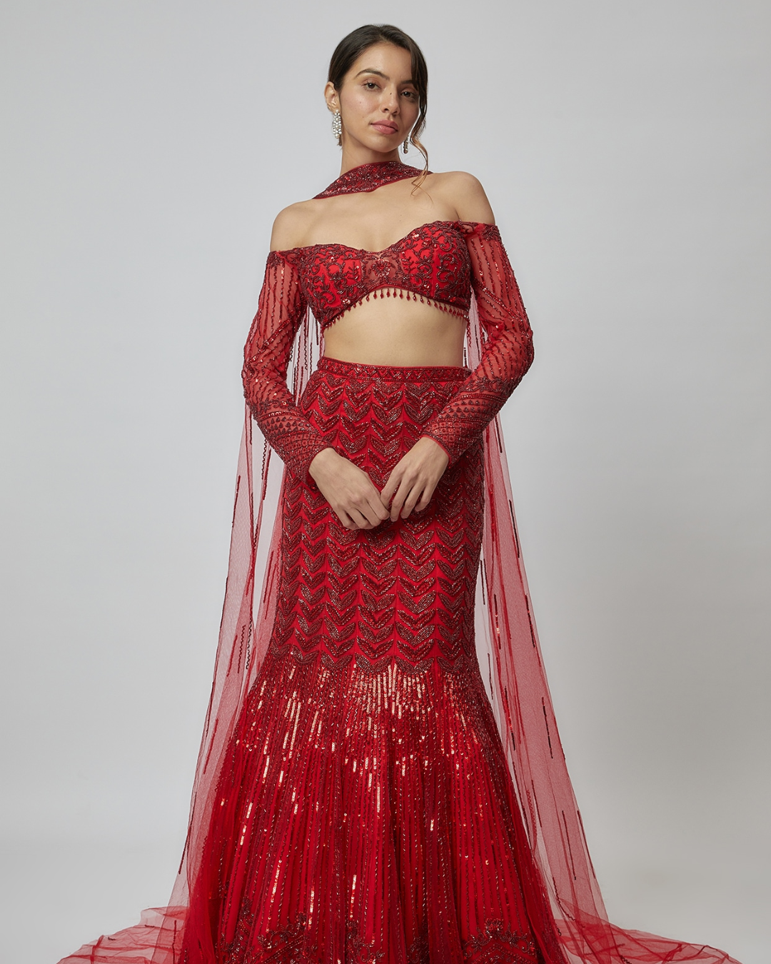 Isa by Dolly Wahal - Deep Red Fishcut Lehenga From Farra