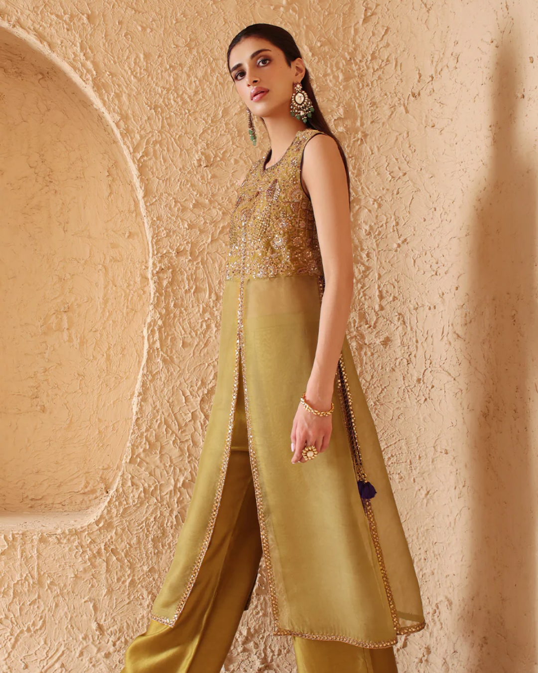 Niti Bothra - Mehrang Olive Green Tie-up Sleeveless Kurta Set