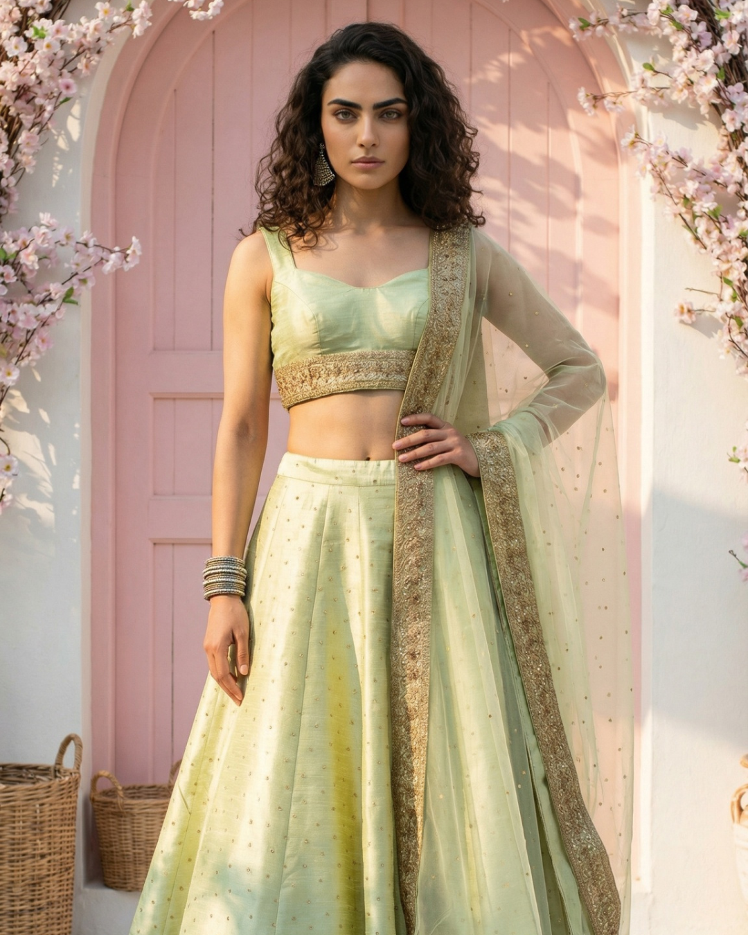 Anisha Shetty - Mint Green Stonework Lehenga Set