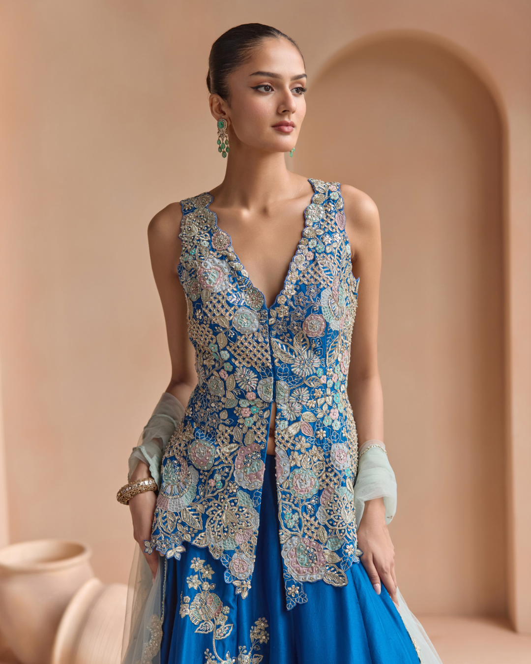 Osaa By Adarsh - Jade Blue Embroidered Peplum Lehenga Set From Off The Record