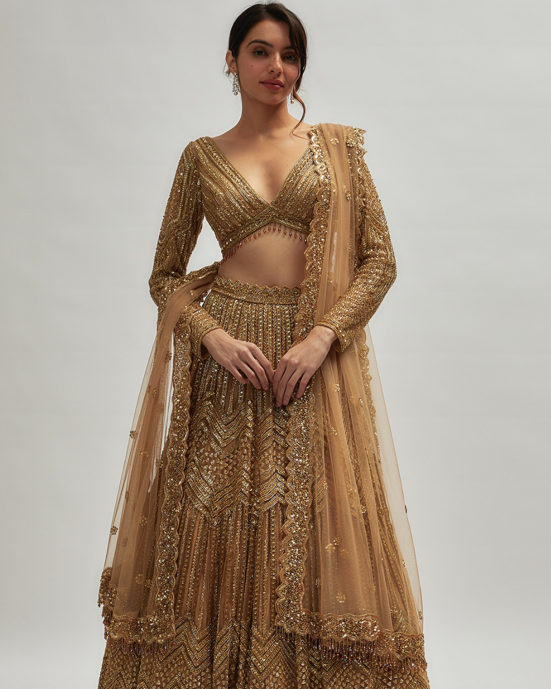 Isa by Dolly Wahal - Dark Gold Net Hand Embroidered Lehenga Set