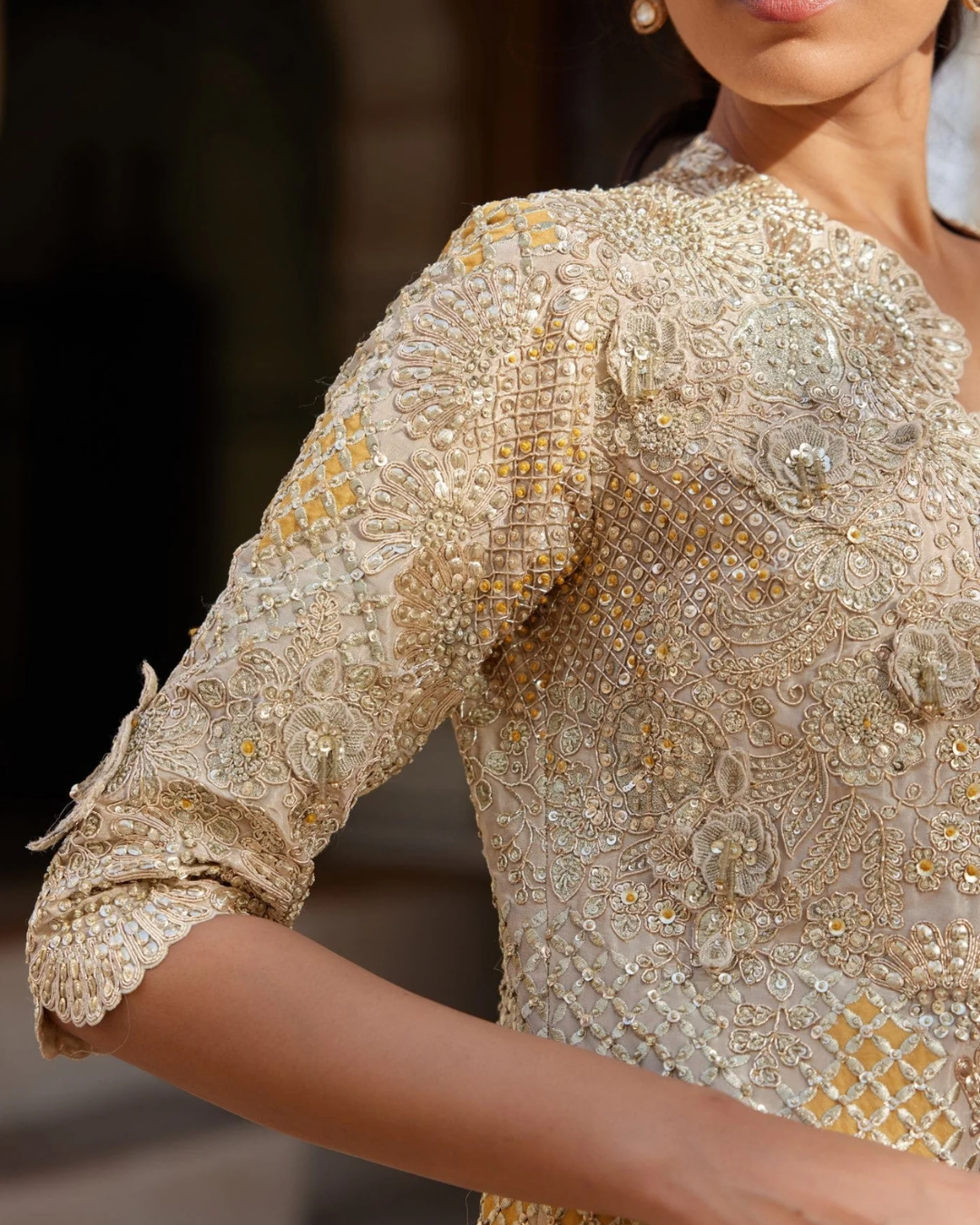 Osaa By Adarsh - Beige Champagne Embroidered Open Jacket Set From RASM