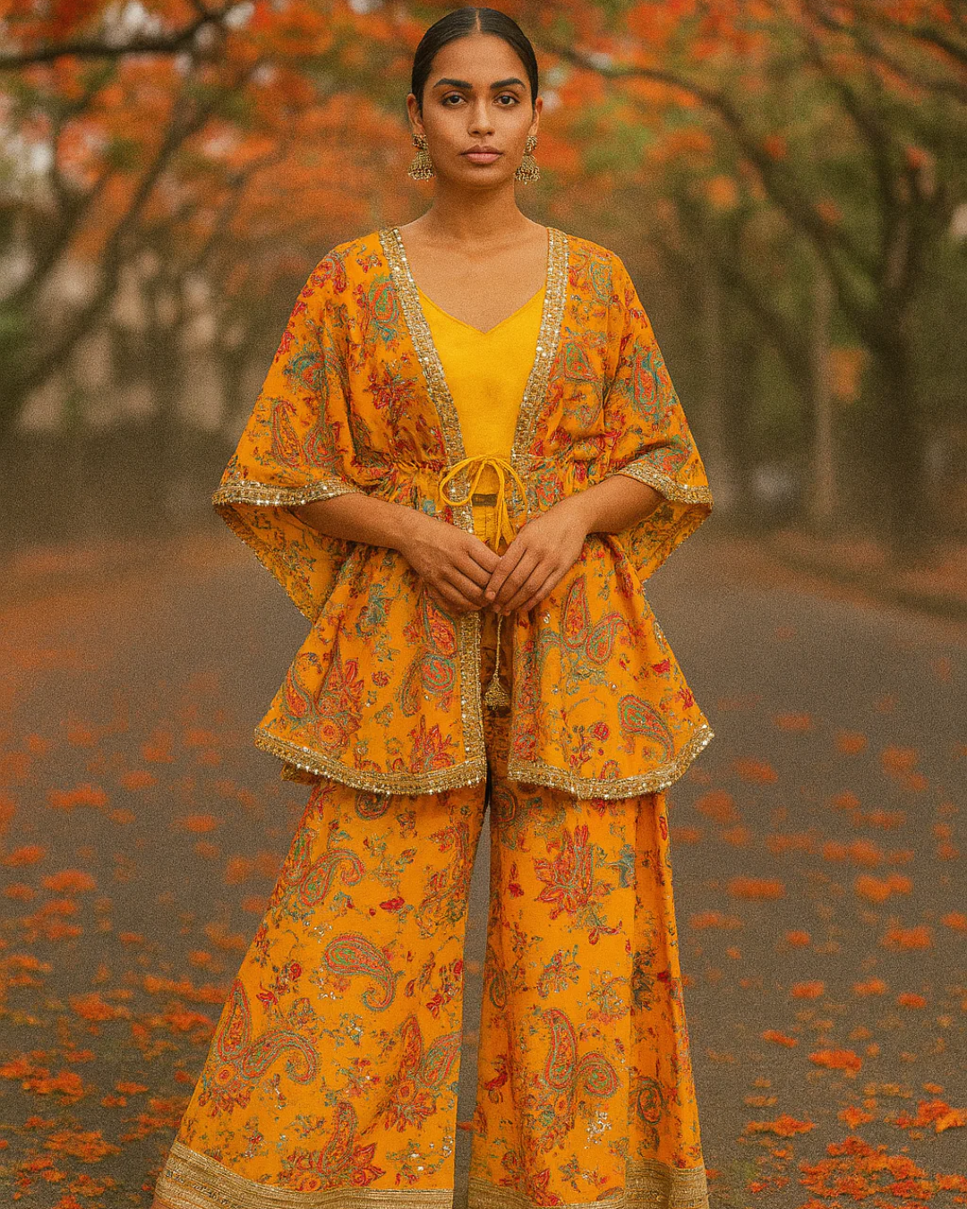 Anisha Shetty - Yellow Bloom Printed Cape  Set