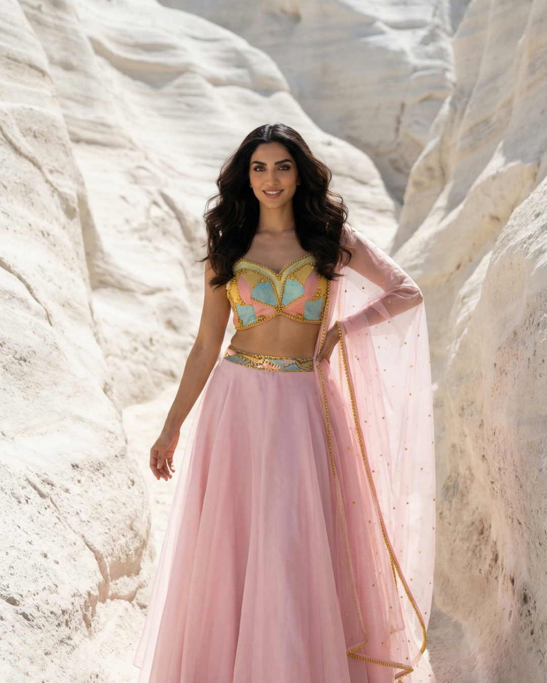 Anisha Shetty - Pink Organza Lehenga With Multicolour Cutdana Blouse