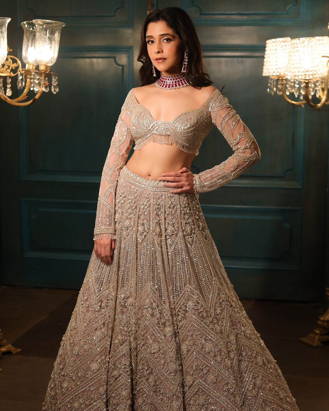 Isa by Dolly Wahal - Greyish-Beige Net Sequins Hand Embroidered Lehenga Set