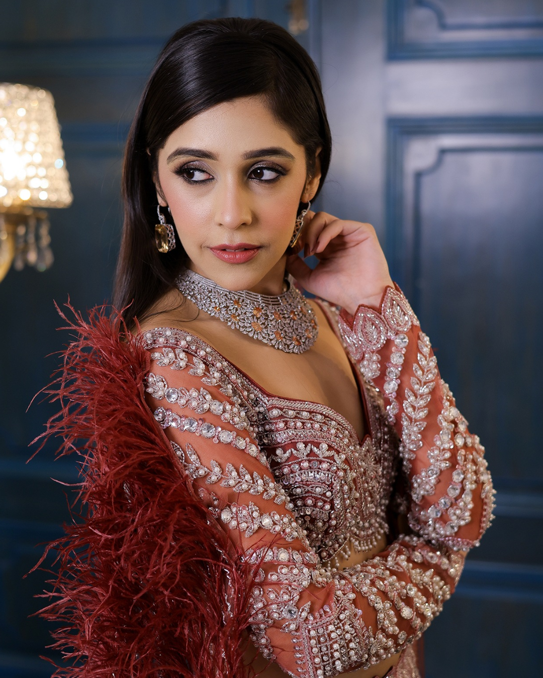 Isa by Dolly Wahal - Peachy Brown Net Cutdana Embroidered Lehenga Set
