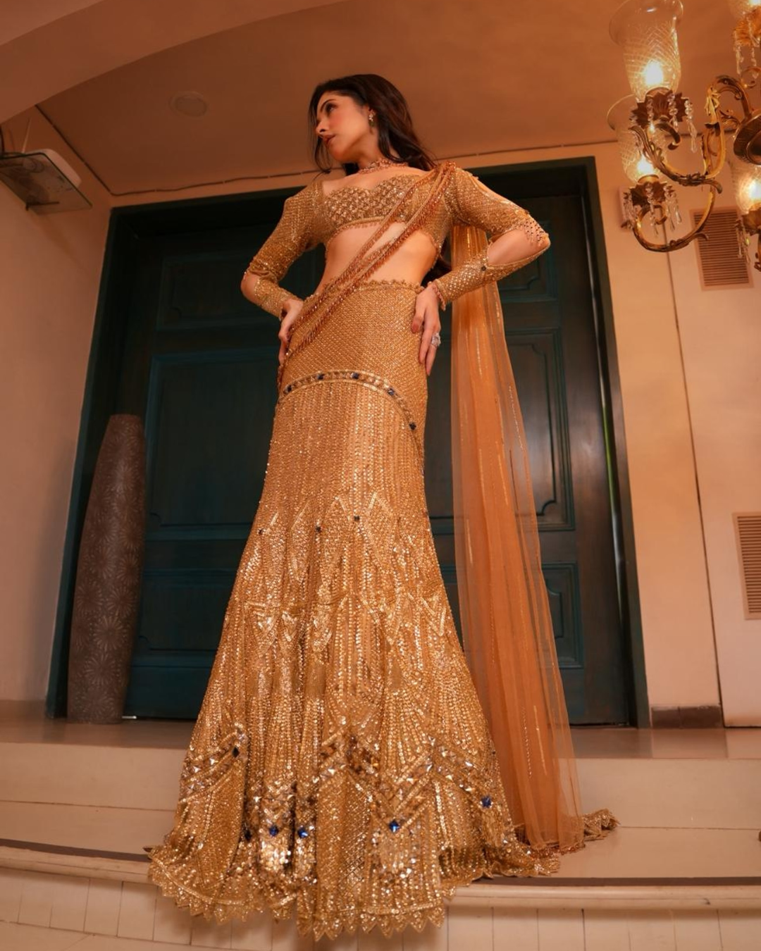Isa by Dolly Wahal - Gold Fishcut Lehenga With Trail From Ittara