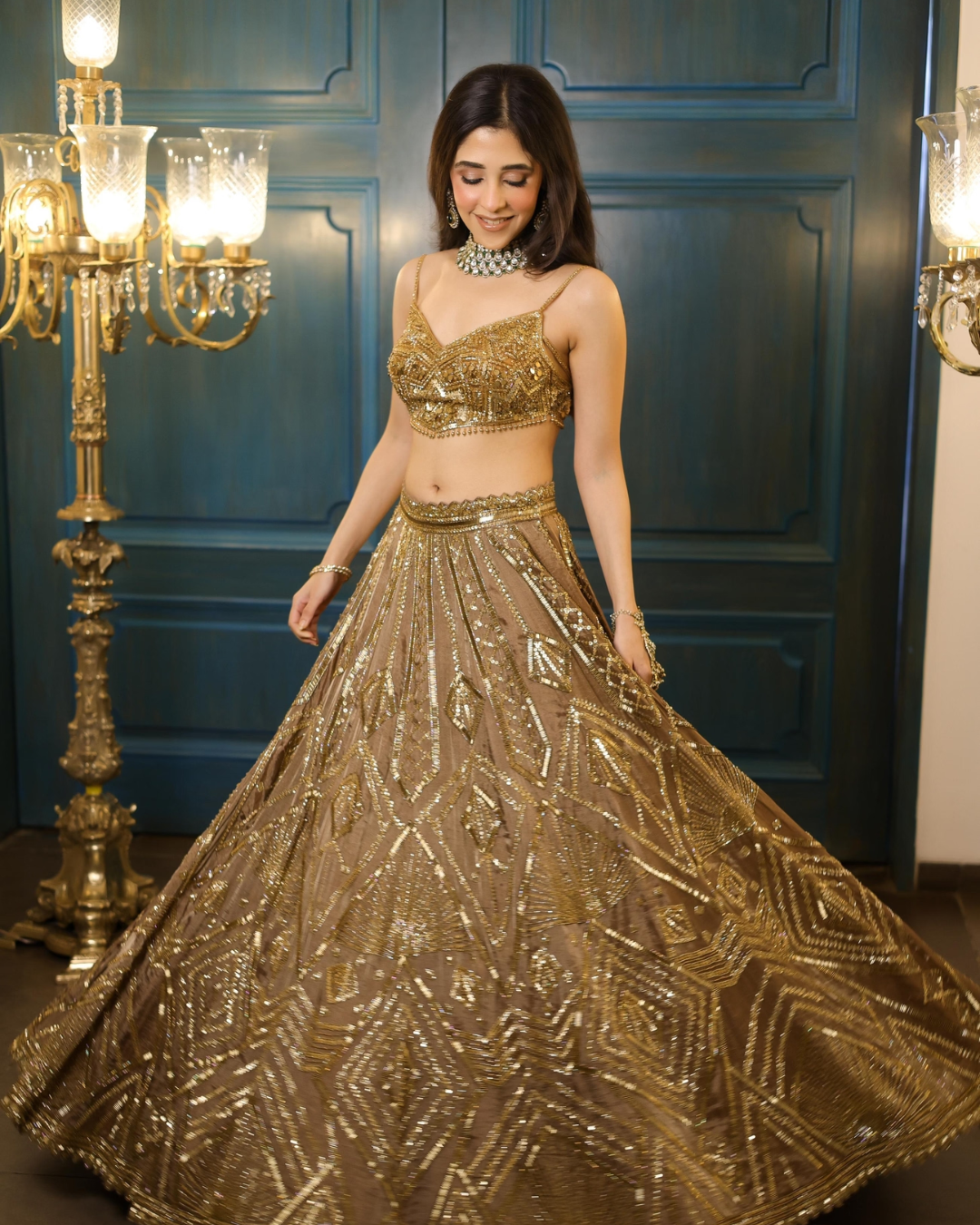 Isa by Dolly Wahal - Mocha Tissue Lehenga From Fiza