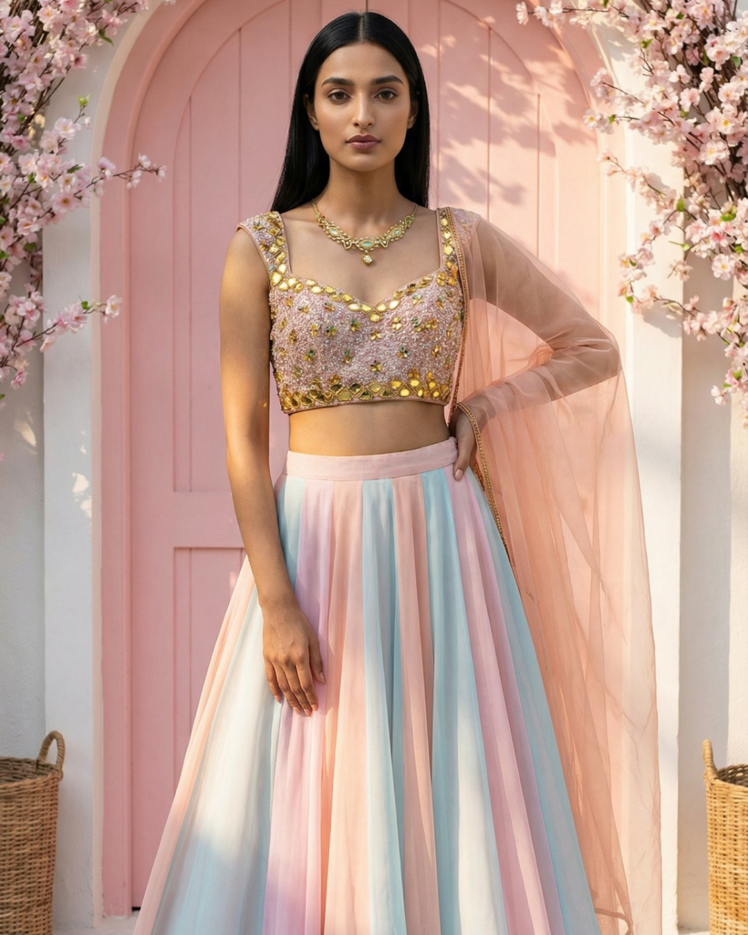 Anisha Shetty - Multicolour Lehenga With Peach And Lilac Sequence Blouse Set