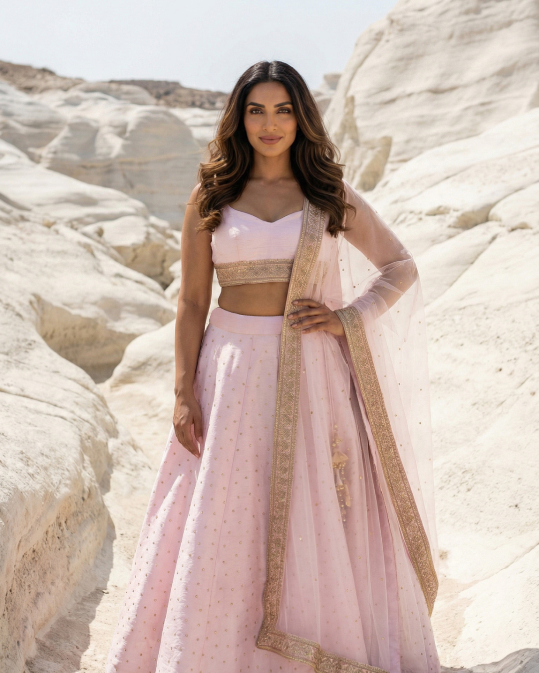 Anisha Shetty - Pink Stonework Lehenga Set