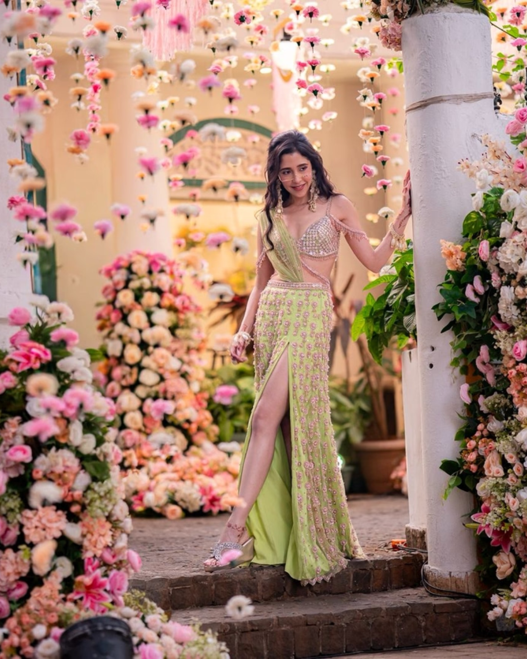 Isa by Dolly Wahal - Lime Green Slit Saree From Ittara