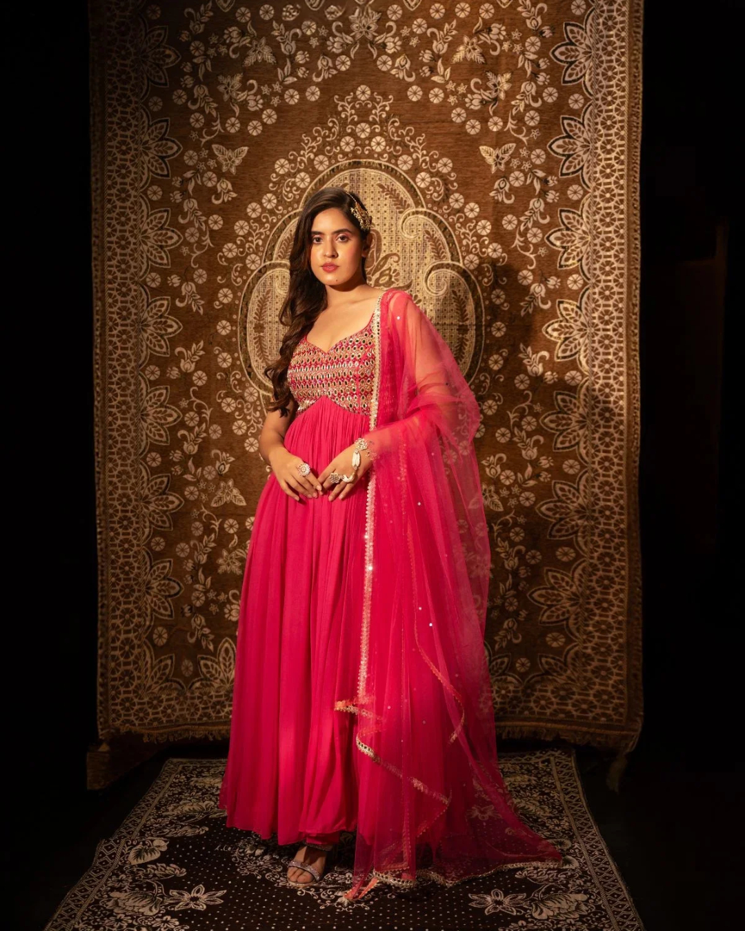 Anisha Shetty - Rasberry Pink Mirrorwork Anarkali With Mirrorwork Dupatta From Rangin