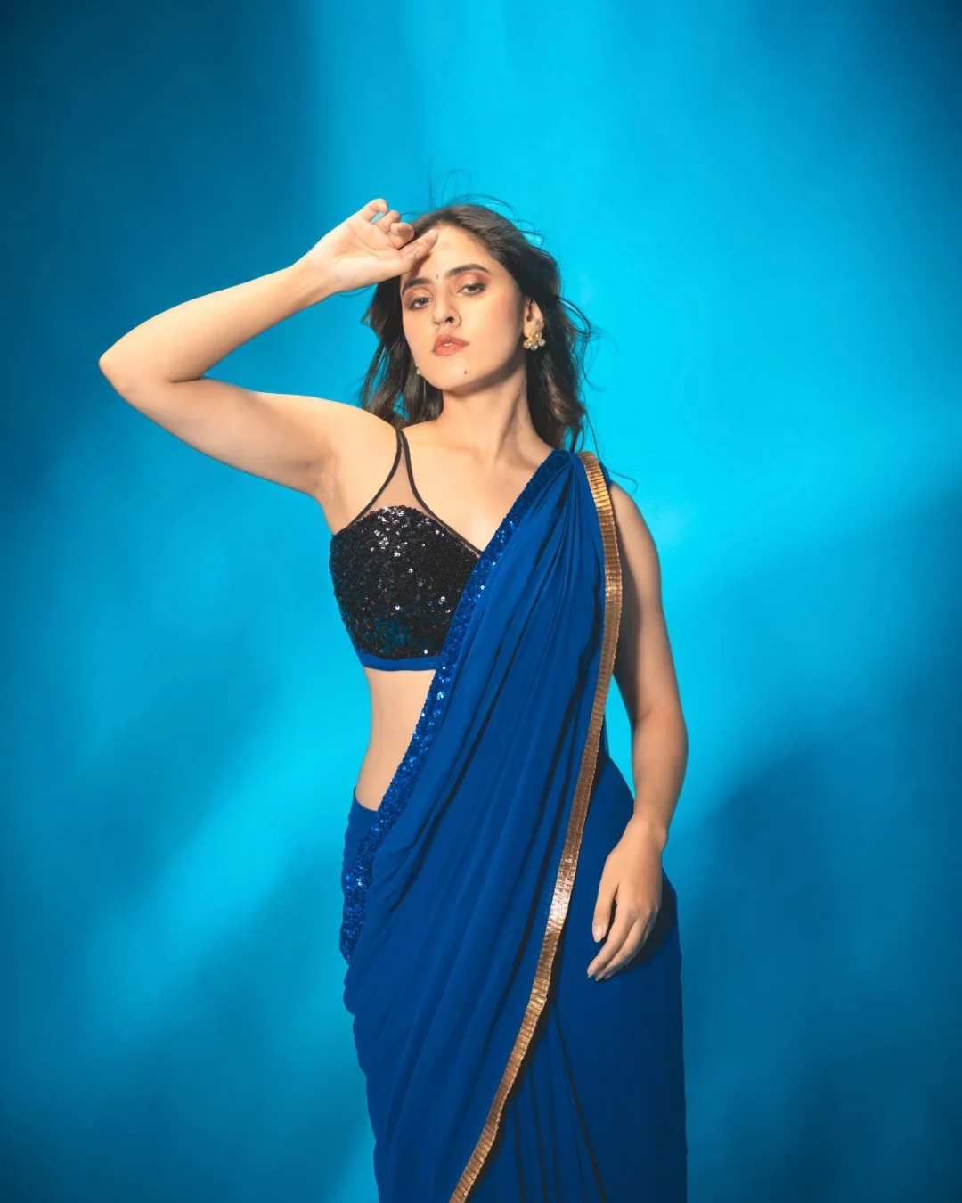 Anisha Shetty - Blue Pre Stitched Saree With Black Sequin Blouse From Rangin
