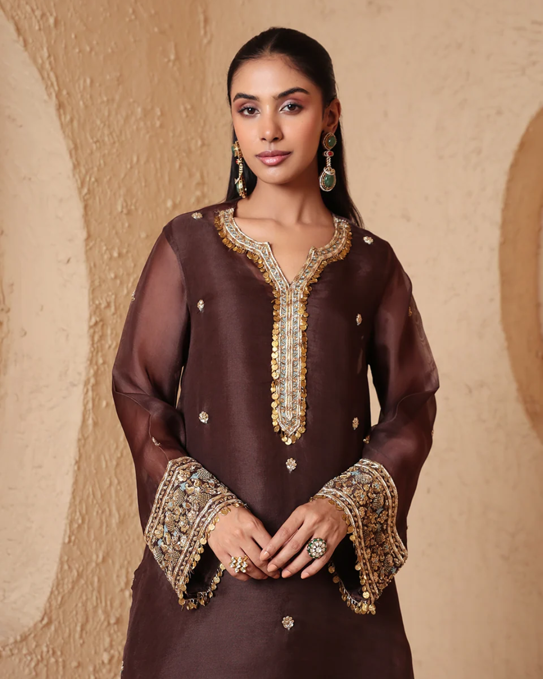 Niti Bothra - Zar-Rang Brown Short Kurta Set