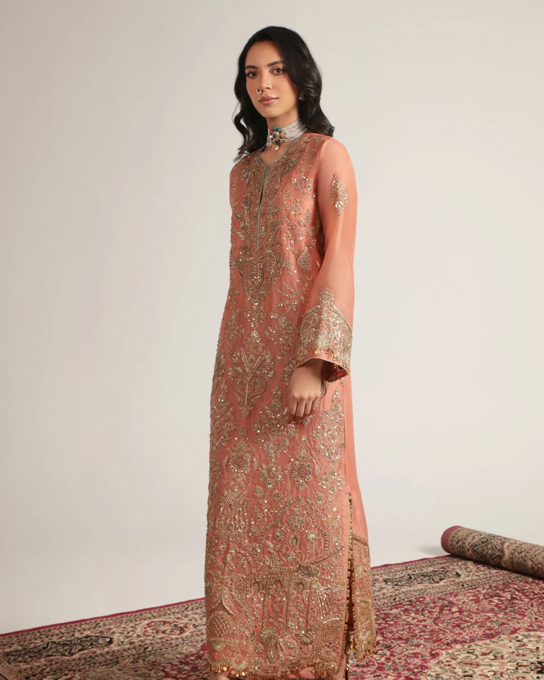 Niti Bothra - Zar-Rang Peach Heavy Jaal Kaftan Set