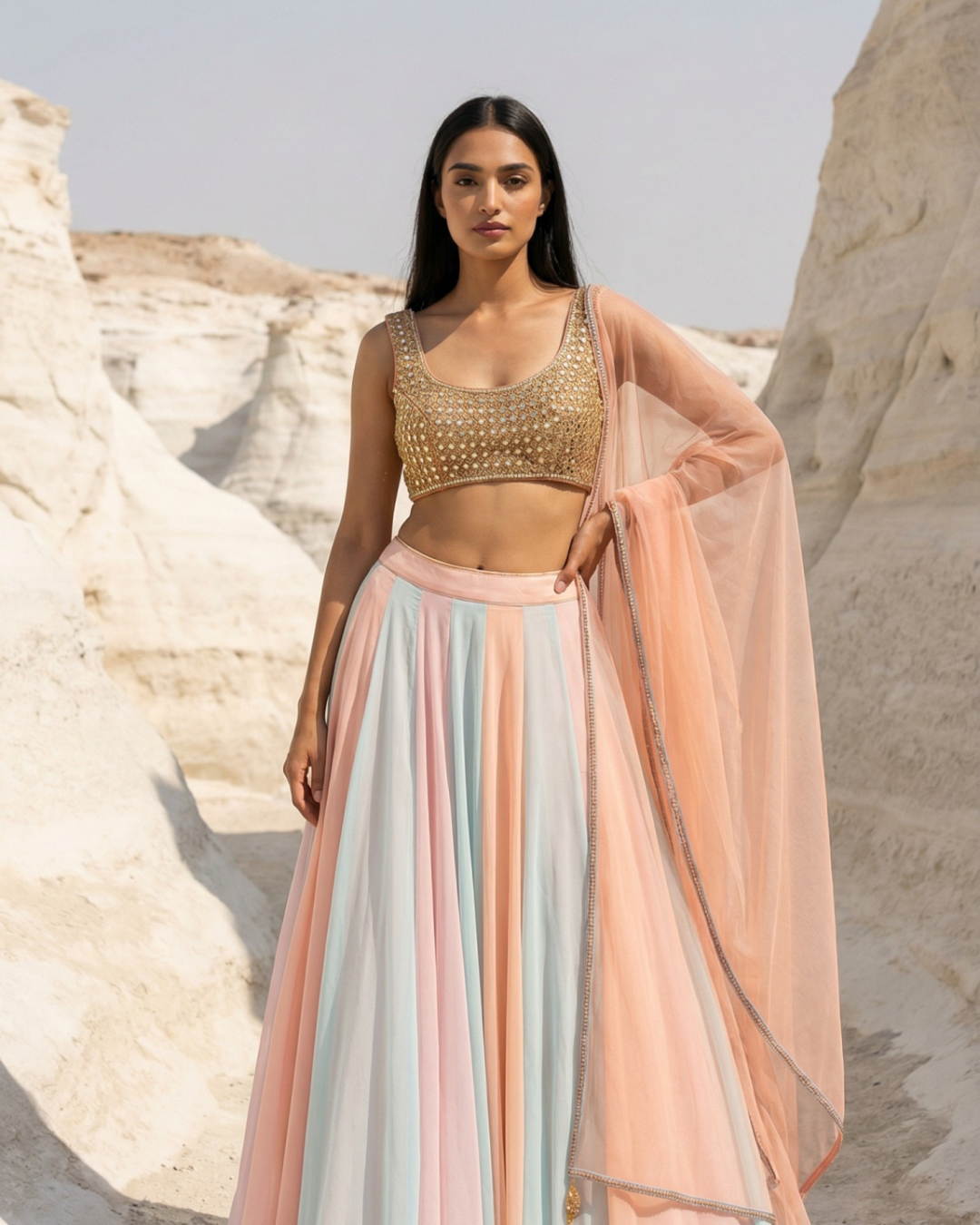 Anisha Shetty - Multicolour Lehenga With Peach Mirror Blouse Set