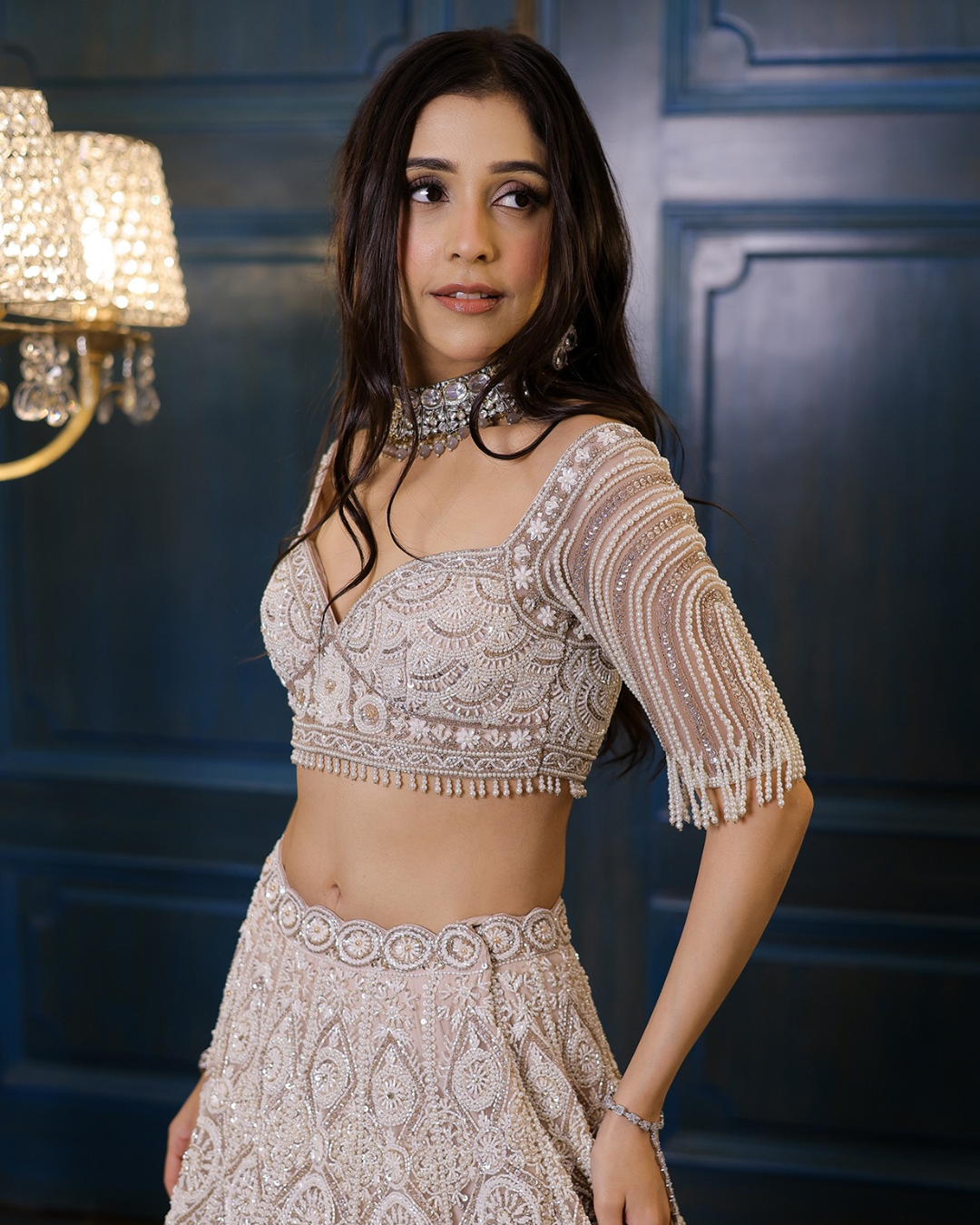 Isa by Dolly Wahal - Ivory & Champagne Ombre Net Sequins Embroidered Lehenga Set