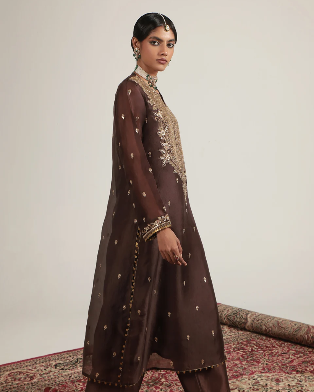 Niti Bothra - Zar-Rang Brown Long Kurta Set