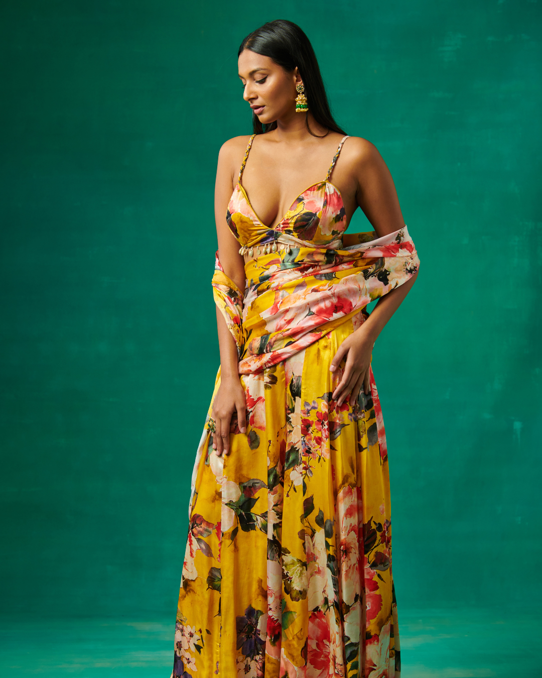 Sonali Bansal - Surajmukhi Yellow floral print blouse with flared sharara and drape attached to it From Bageecha