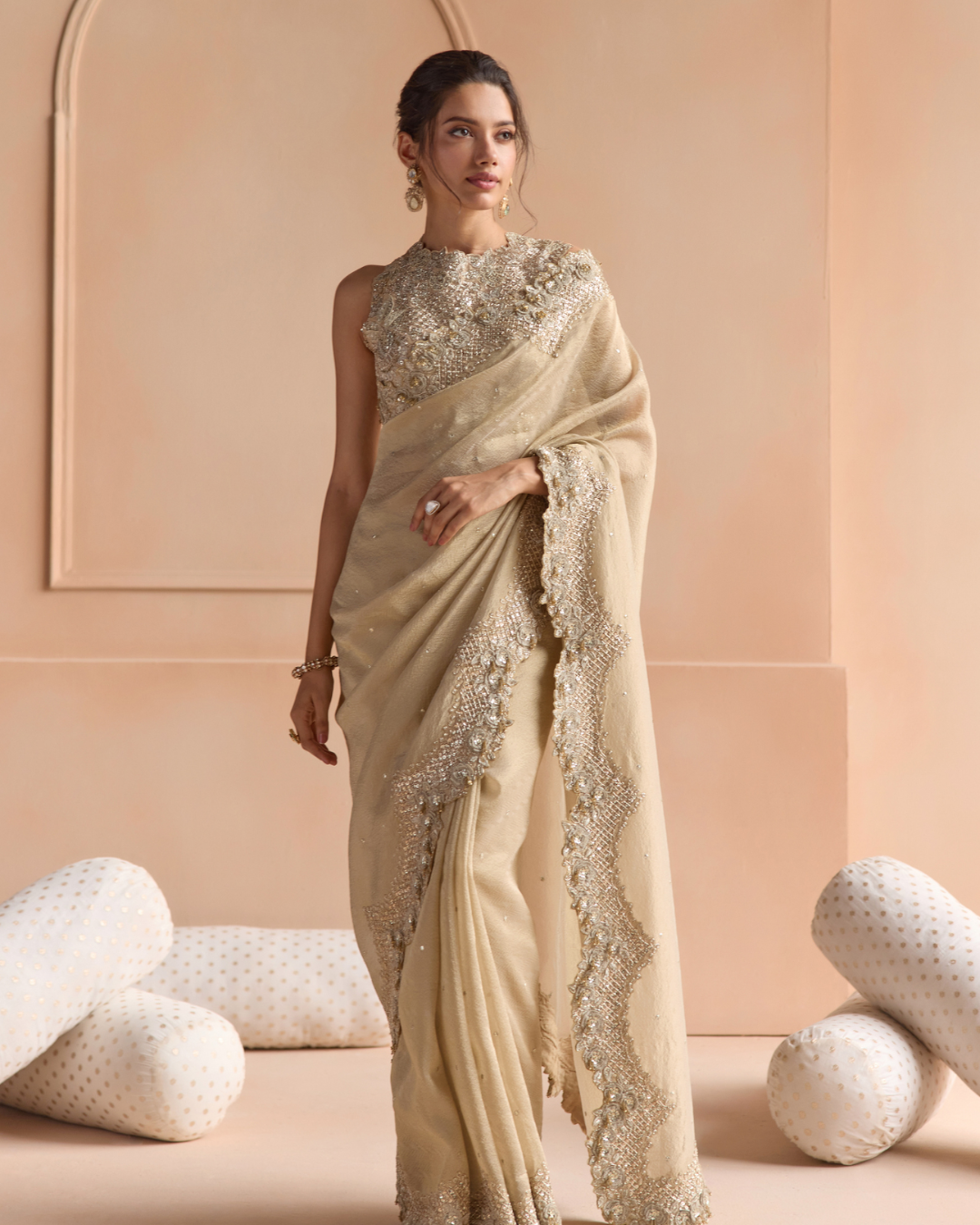Osaa By Adarsh - Beige Champagne Tissue Saree Set From Off The Record