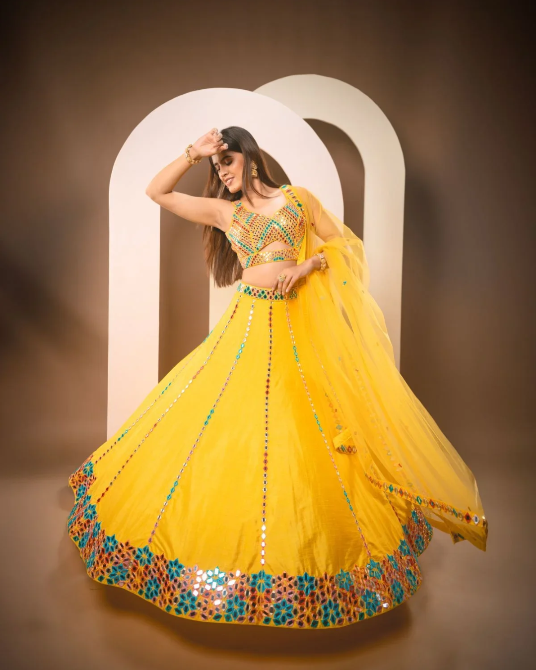 Anisha Shetty - Sunshine Yellow Multicolor Thread & Mirrorwork Lehenga Set From Rangin