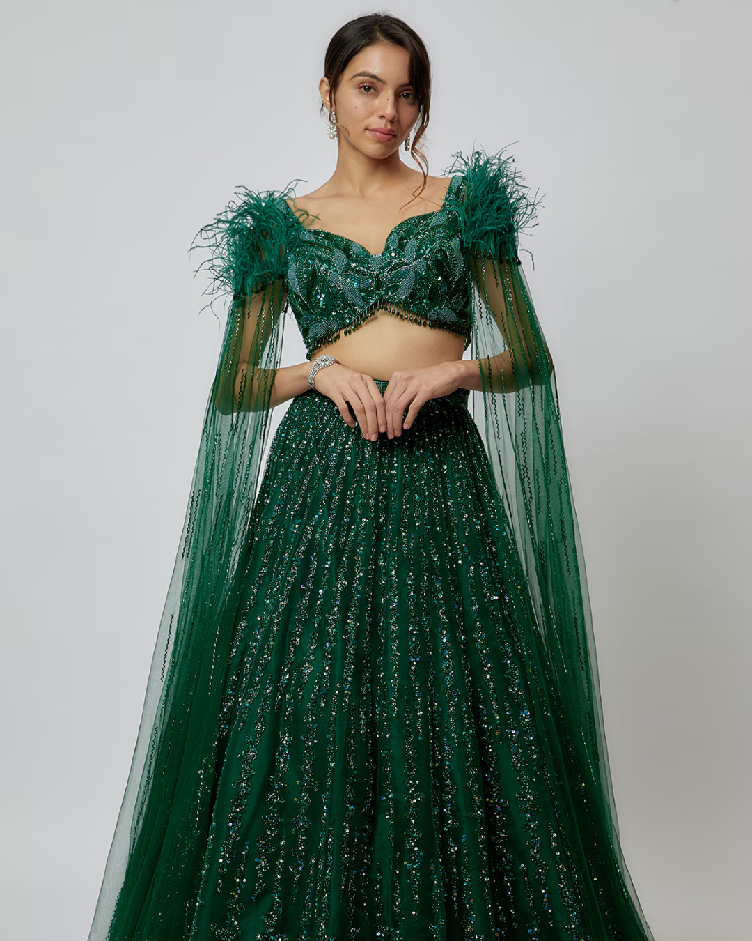 Isa by Dolly Wahal - Emerald Green Net Hand Embroidered Lehenga Set