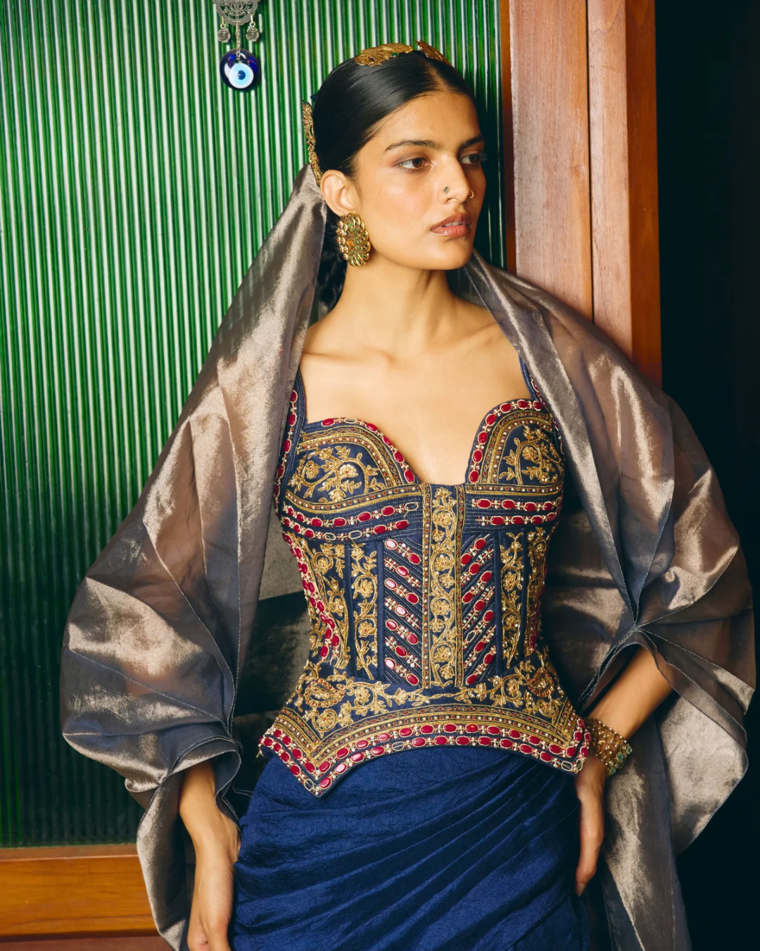 Aditi Gupta - Manikari Navy Blue Corset With Drape From Chitrakatha