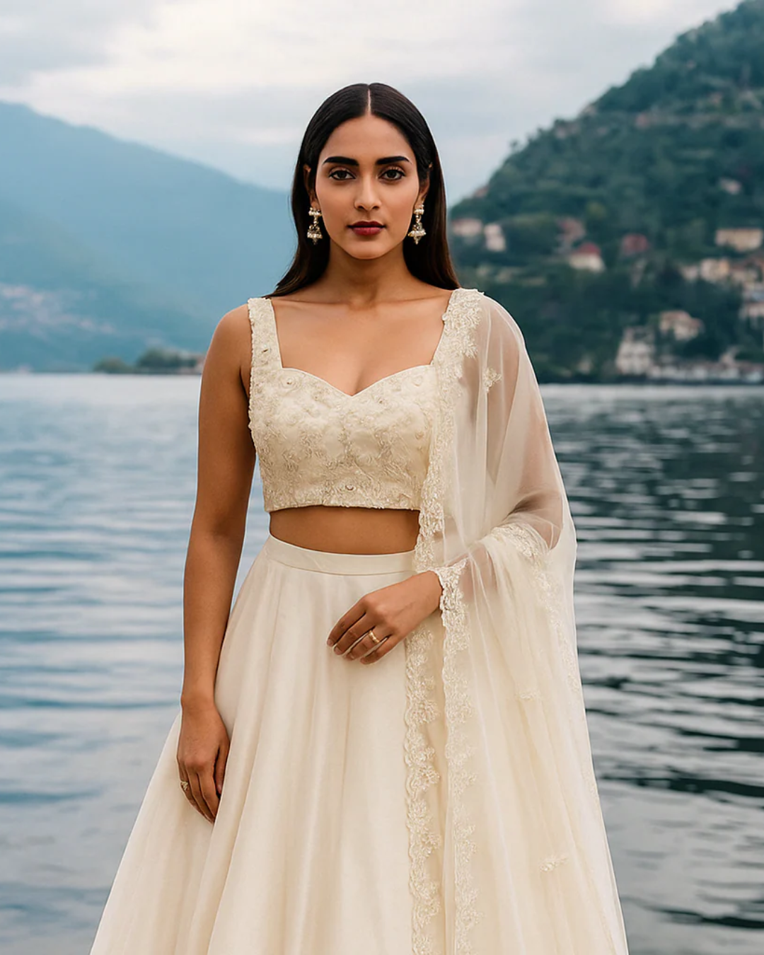 Anisha Shetty - Frosted Pearl Emroidered Blouse & Dupatta With Organza Lehenga Set