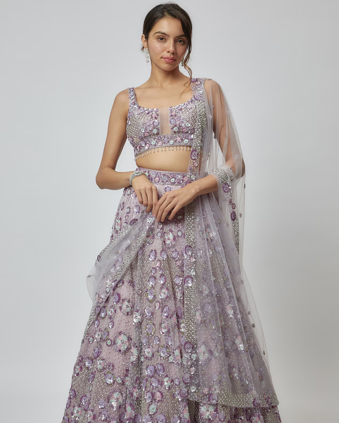 Isa by Dolly Wahal - Lilac Net Embroidered Lehenga Set