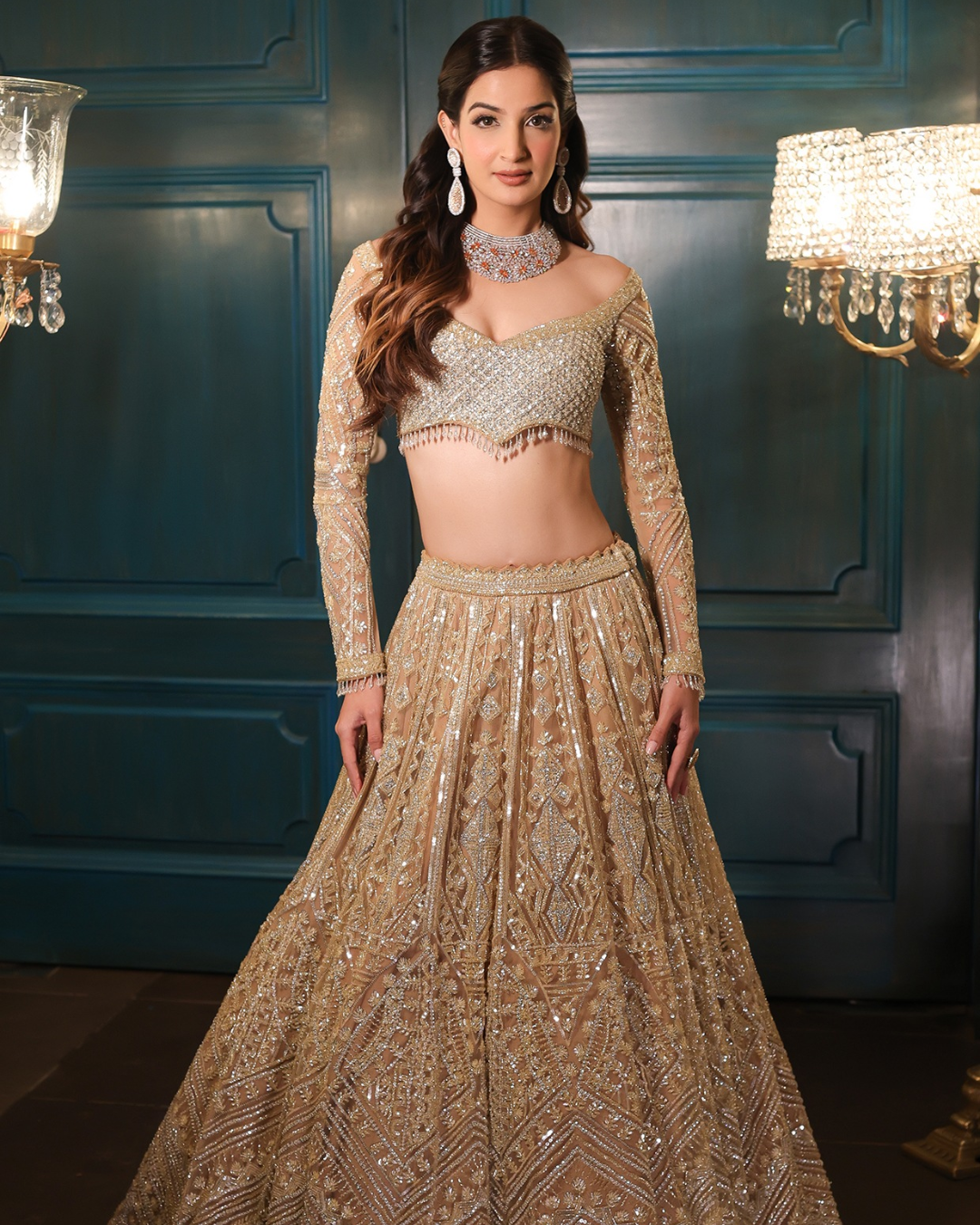 Isa by Dolly Wahal - Light Gold Net Sequins Embroidered Lehenga Set