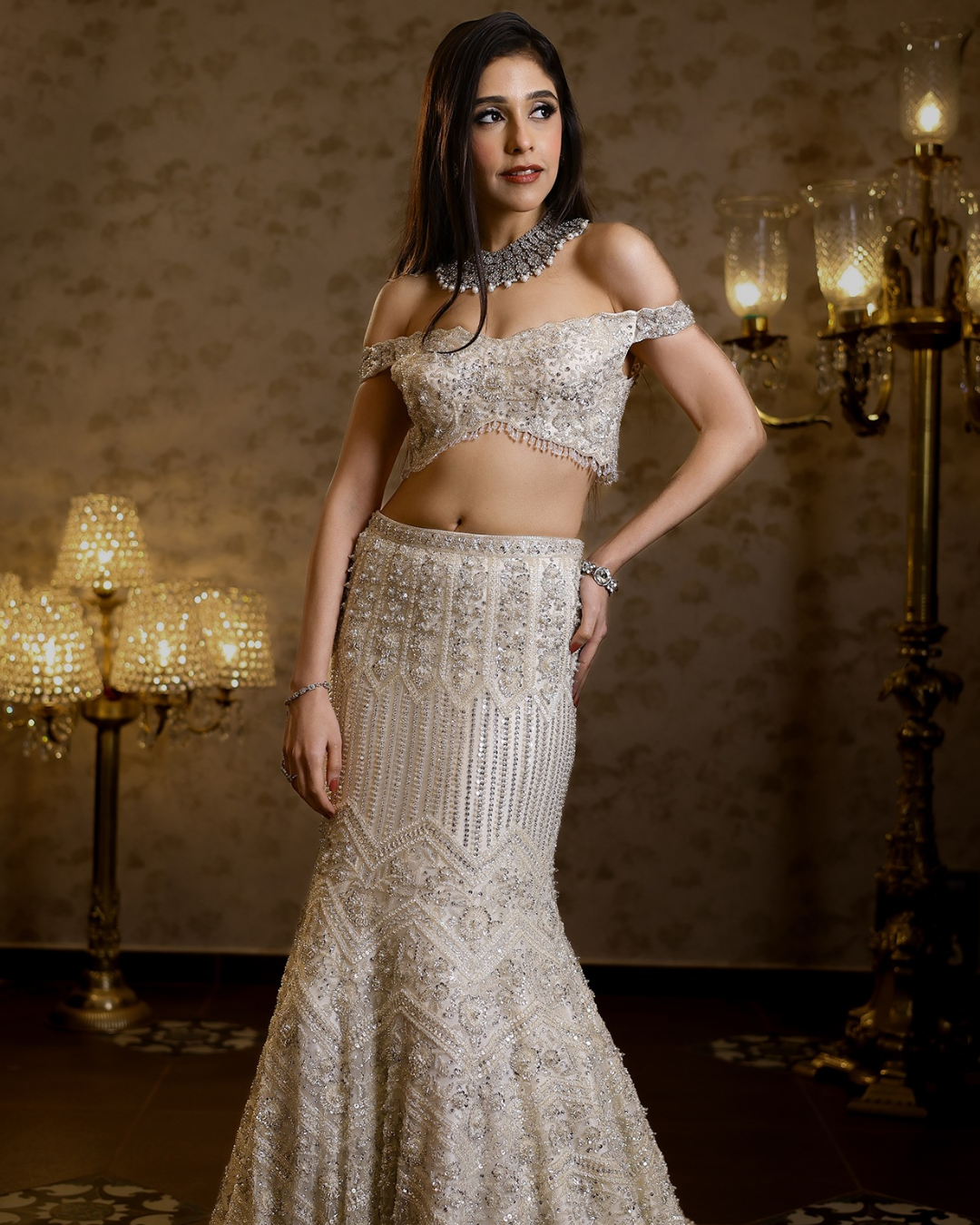 Isa by Dolly Wahal - Ivory Net Hand Embroidered Fish-Cut Lehenga Set