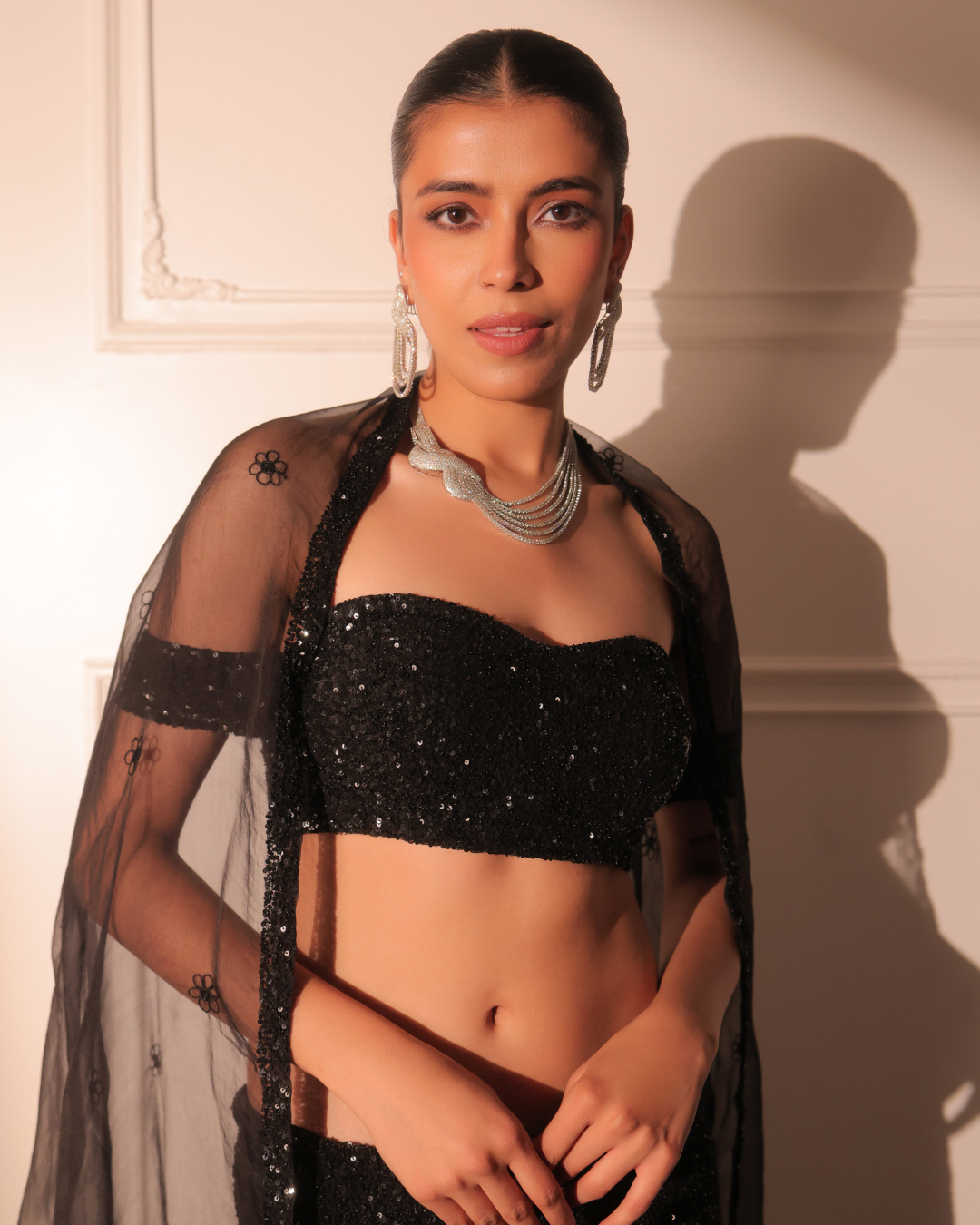 Sonali Bansal - Black cocktail bustier and slit skirt with dupatta From Banno Ki Saheli