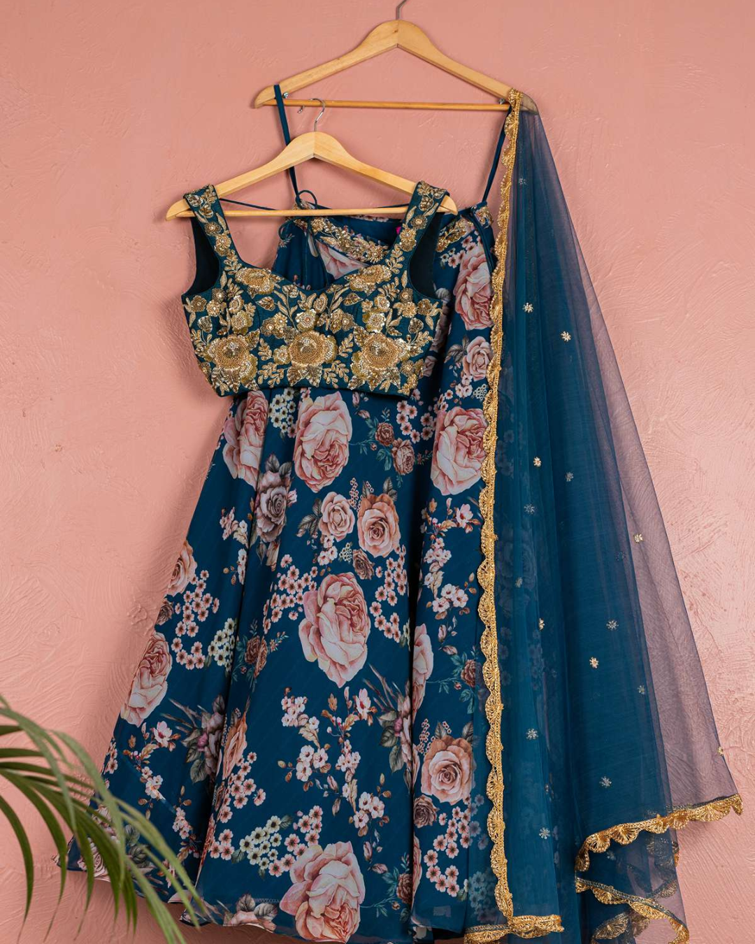 Anisha Shetty - Bahama Blue Floral Georgette Lehenga With Full Embroidered Gold Blouse Set