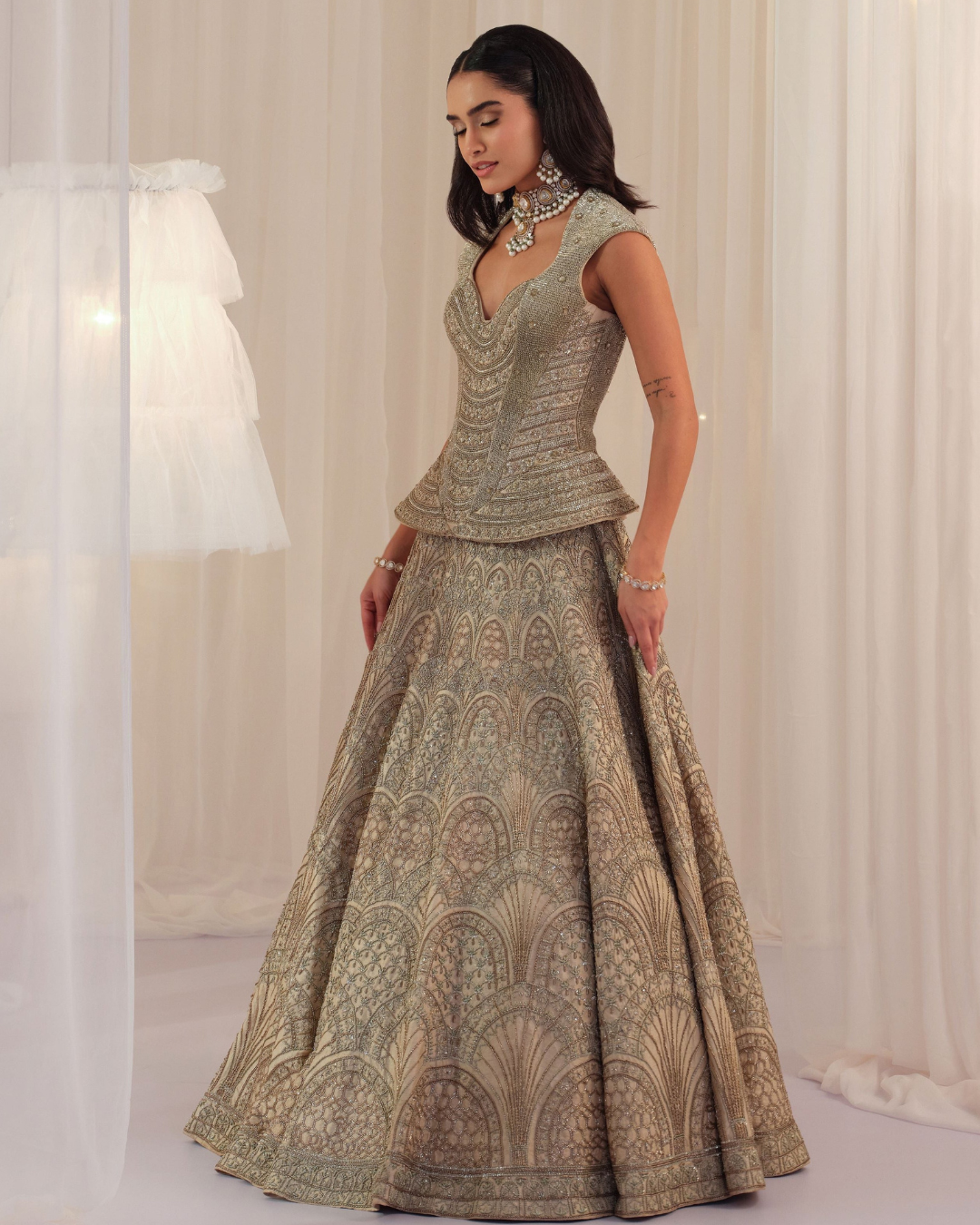 K&A By Karishma And Ashita - Ivory Empress Structured Corset With Lehenga & Dupatta From First Love