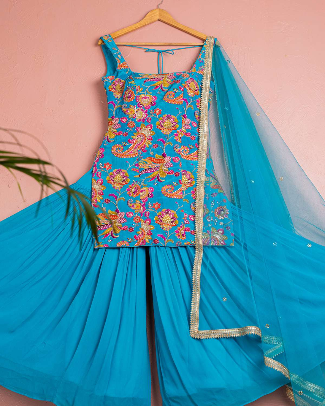 Anisha Shetty - Cerulean Blue Floral Bloom Sharara Set