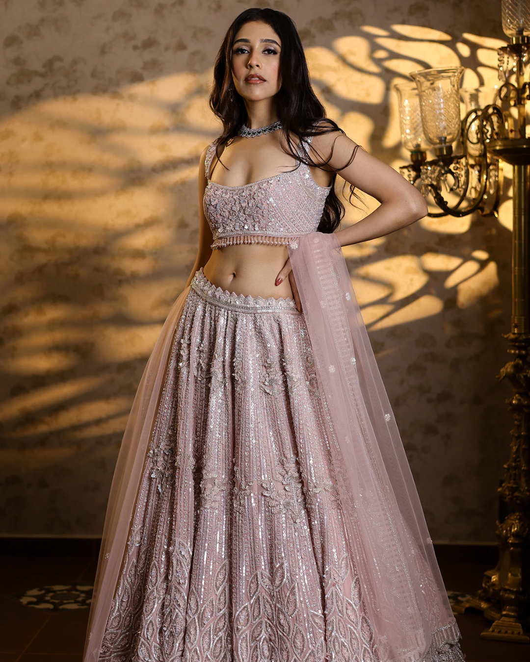 Isa by Dolly Wahal - Powder Pink Organza Silk Hand Embroidered Lehenga Set