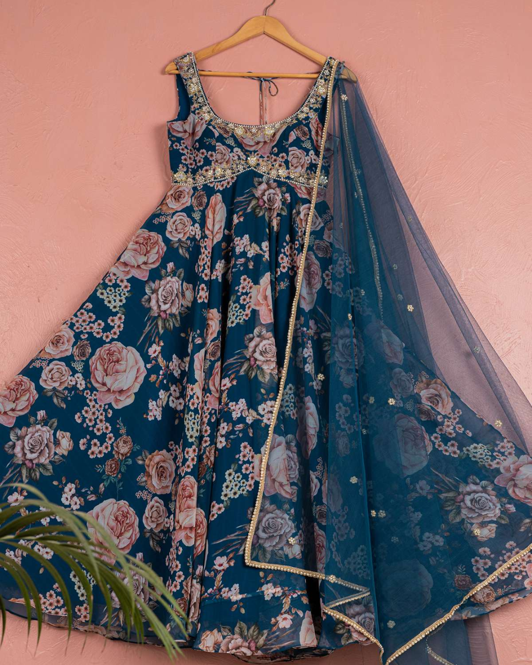 Anisha Shetty - Bahama Blue Floral Anarkali Set