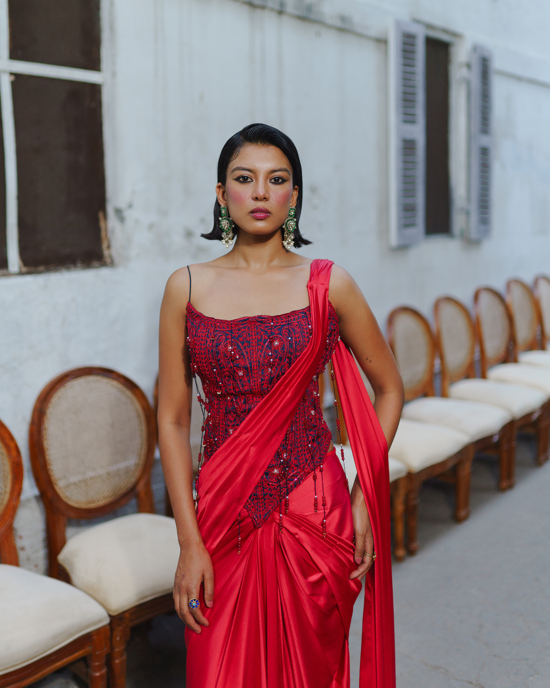 Aditi Gupta - Red Long Corset With Saree Set