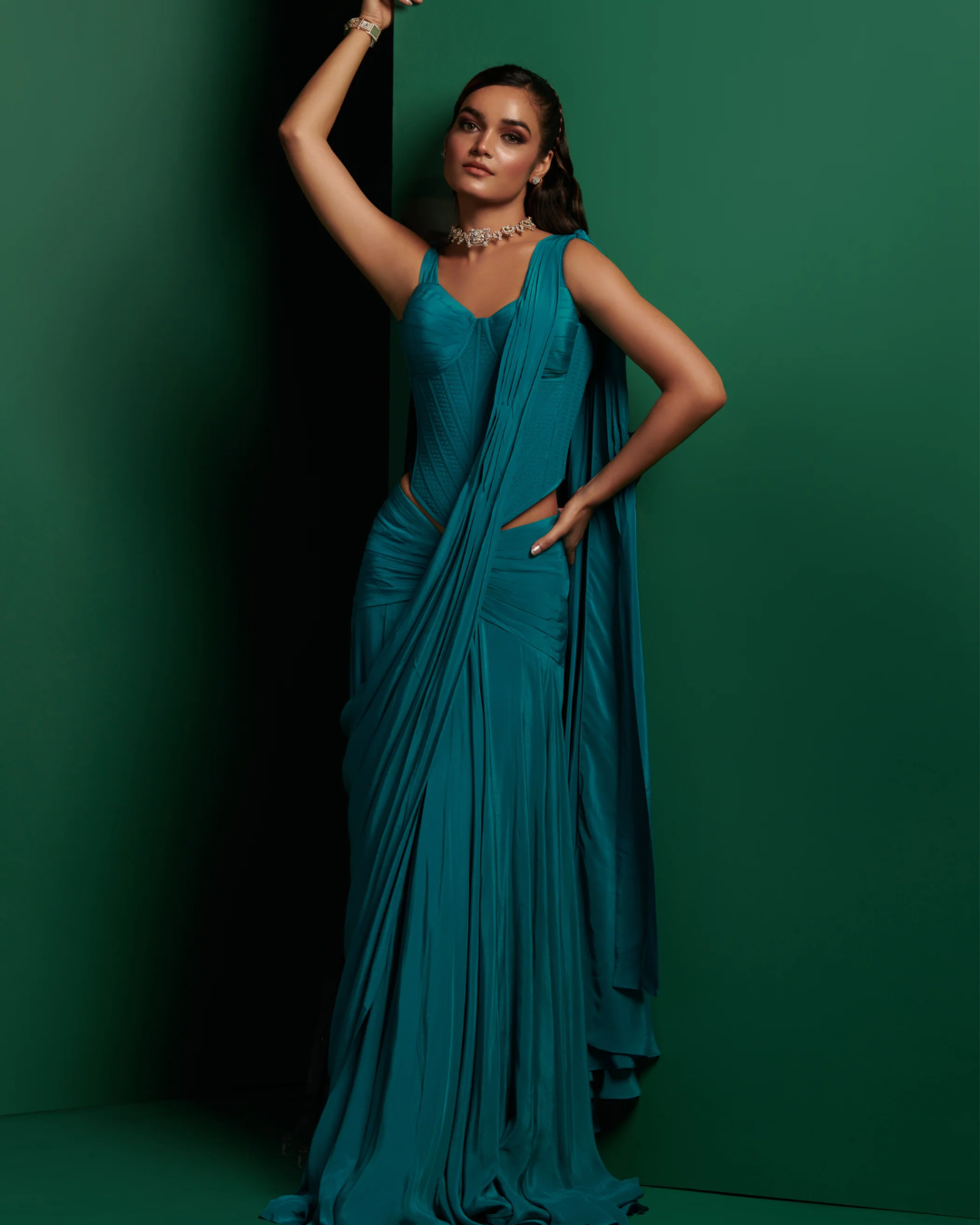 K&A by Karishma and Ashita - Teal green longline corset and drape From Barre Oblique